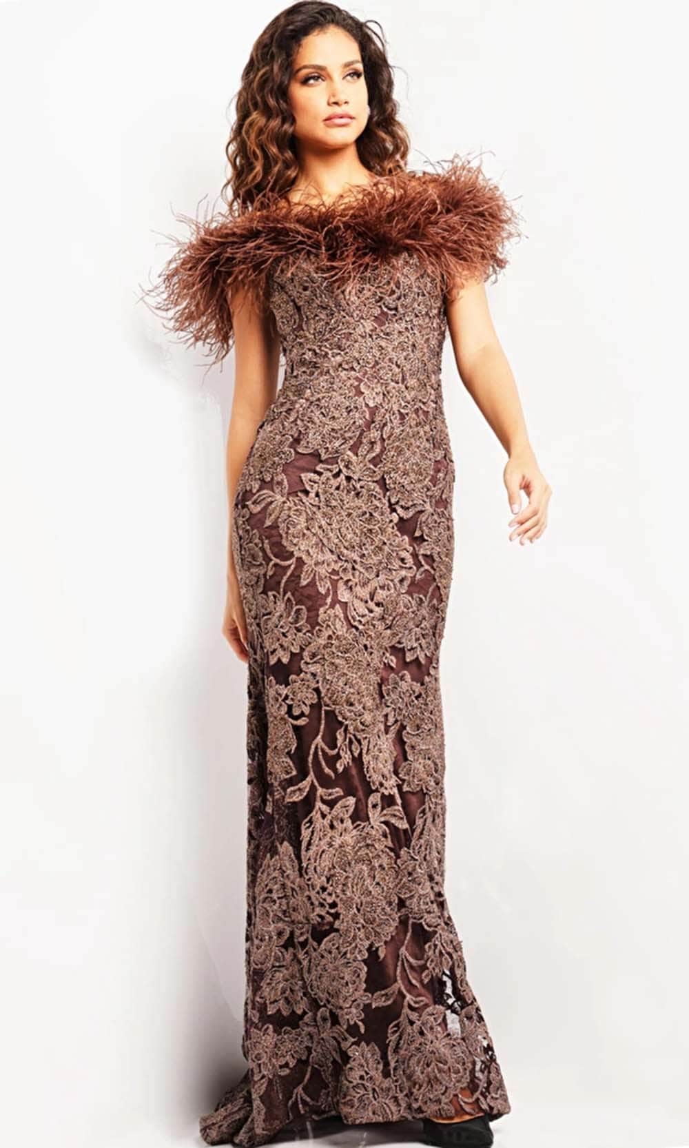 Image of Jovani 23030 - Lace Evening Dress with Feather Fringes