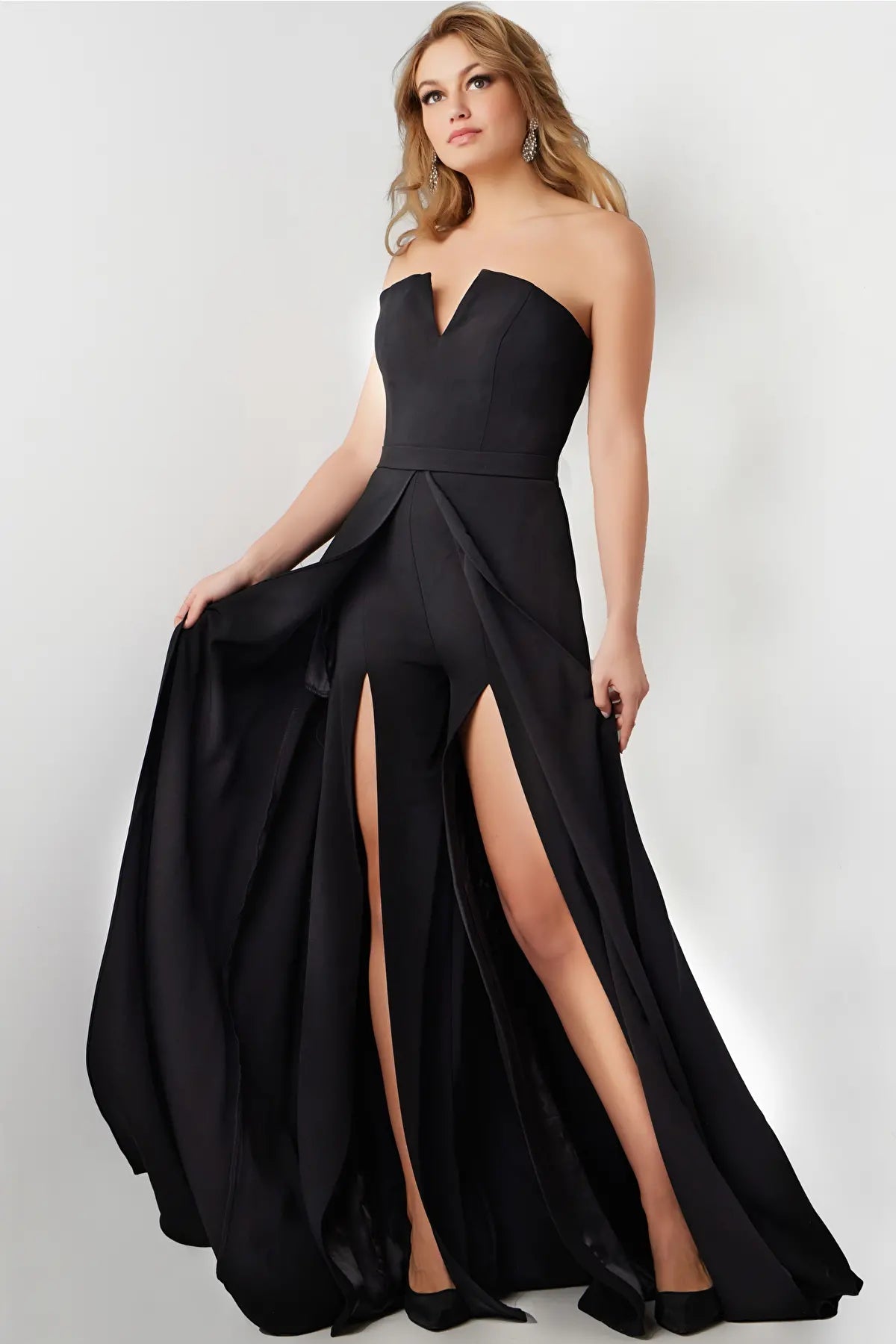 Image of Jovani 23150 - Strapless Double Slit Jumpsuit With Overskirt