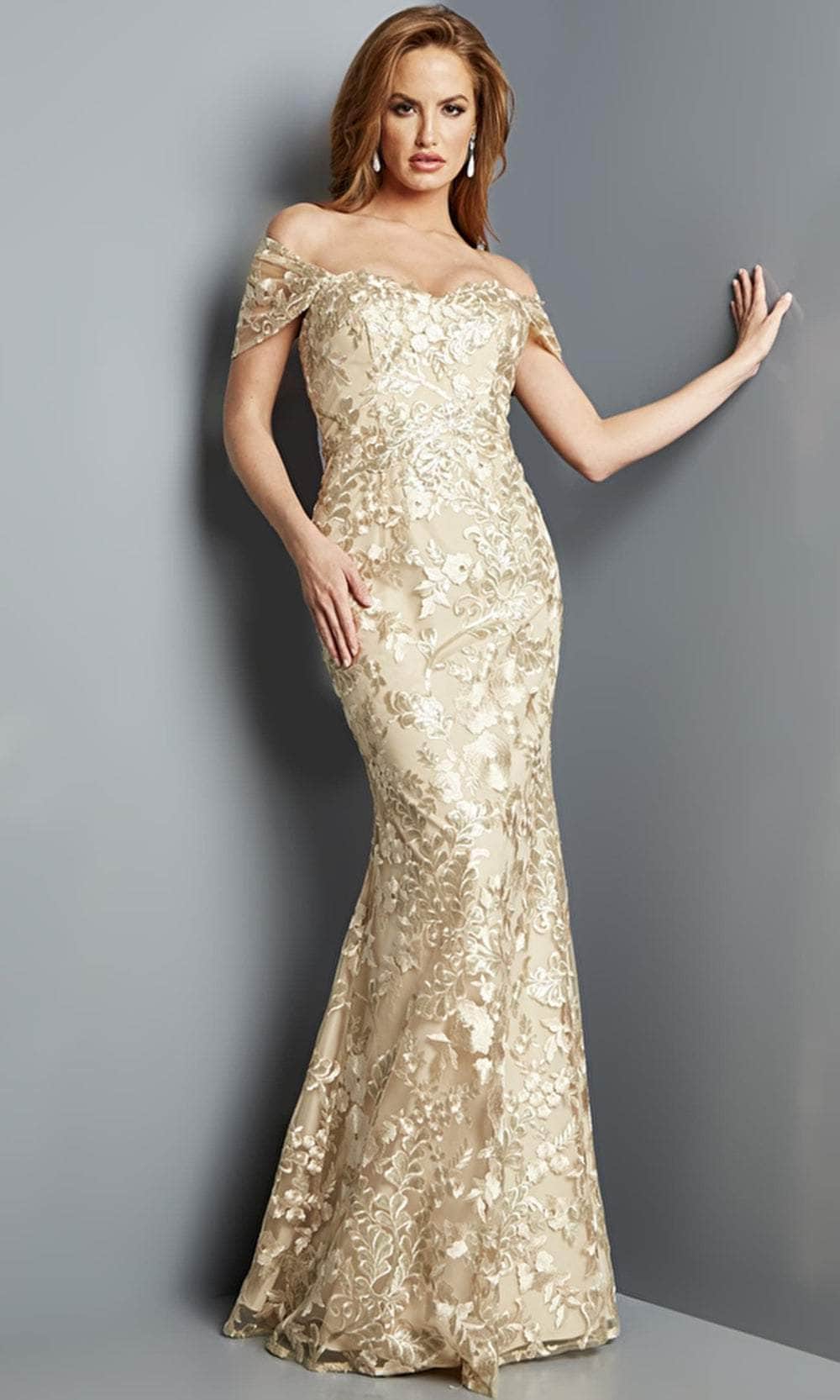 Image of Jovani 23238 - Floral Embroidered Cap Sleeve Evening Gown