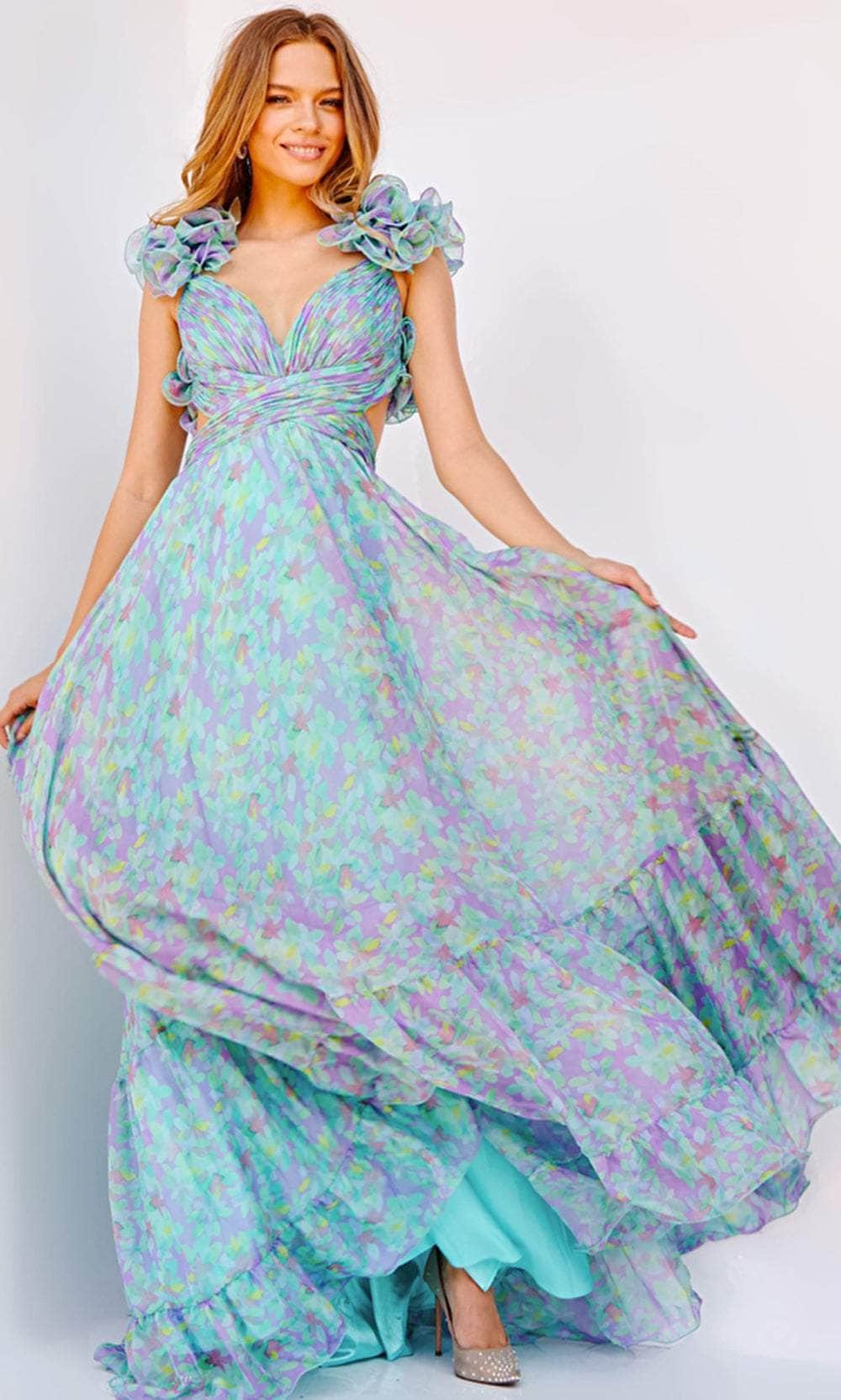 Image of Jovani 23320 - Ruffled Shoulder Flowy Printed Gown