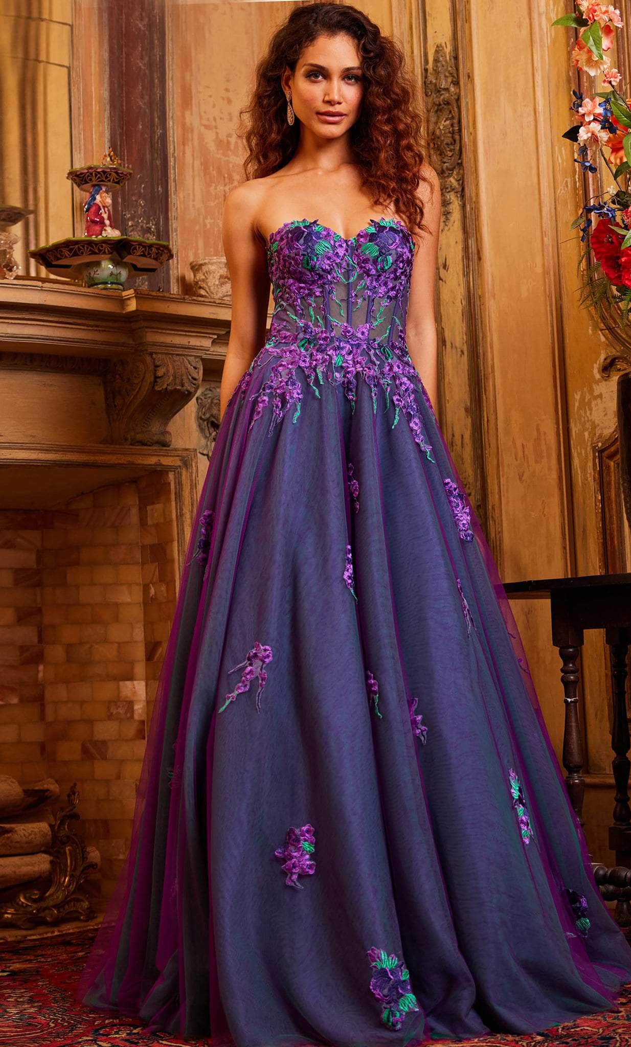 Image of Jovani 23578 - Strapless Floral Lace Plus Size Prom Gown
