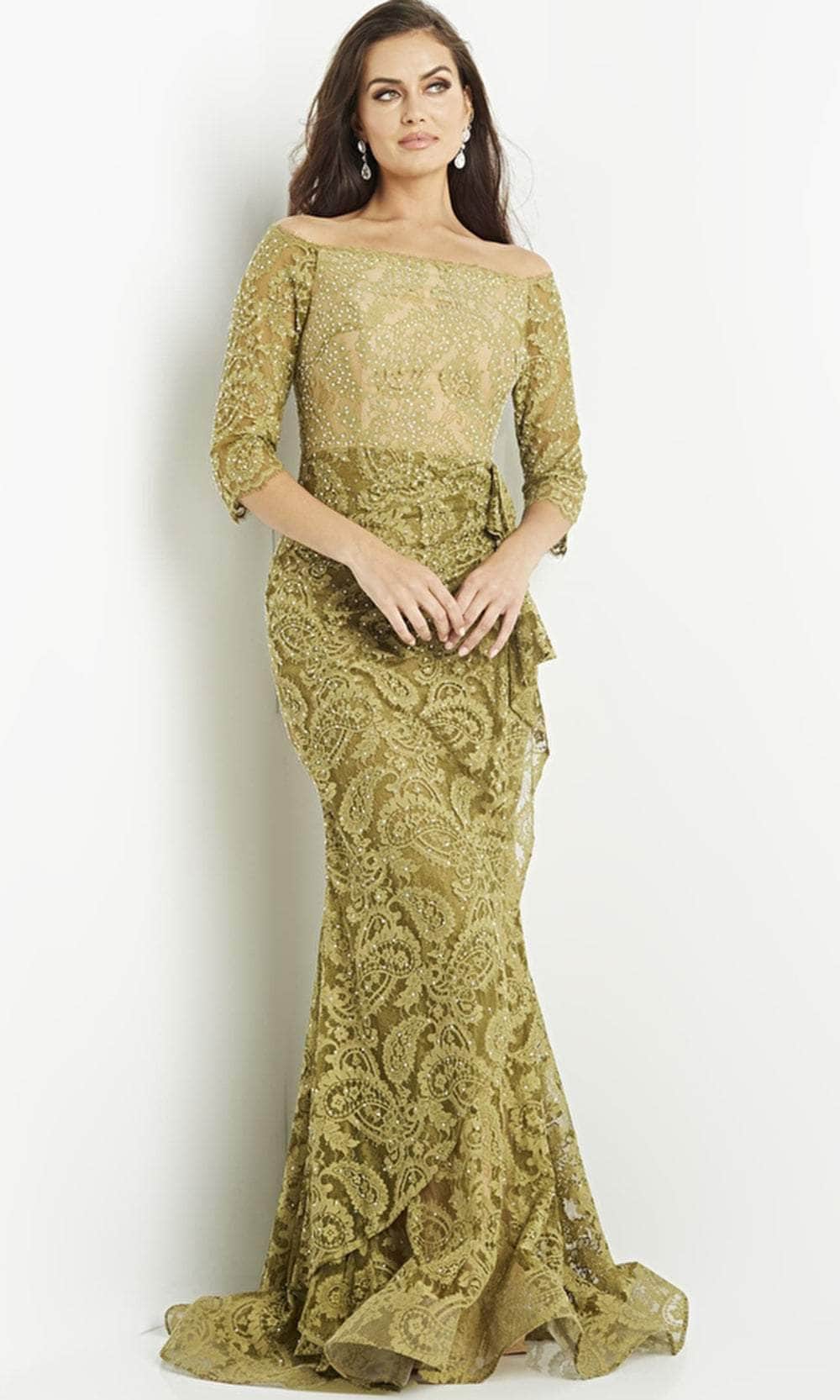 Image of Jovani 23811 - Olive Embellished Lace Evening Gown