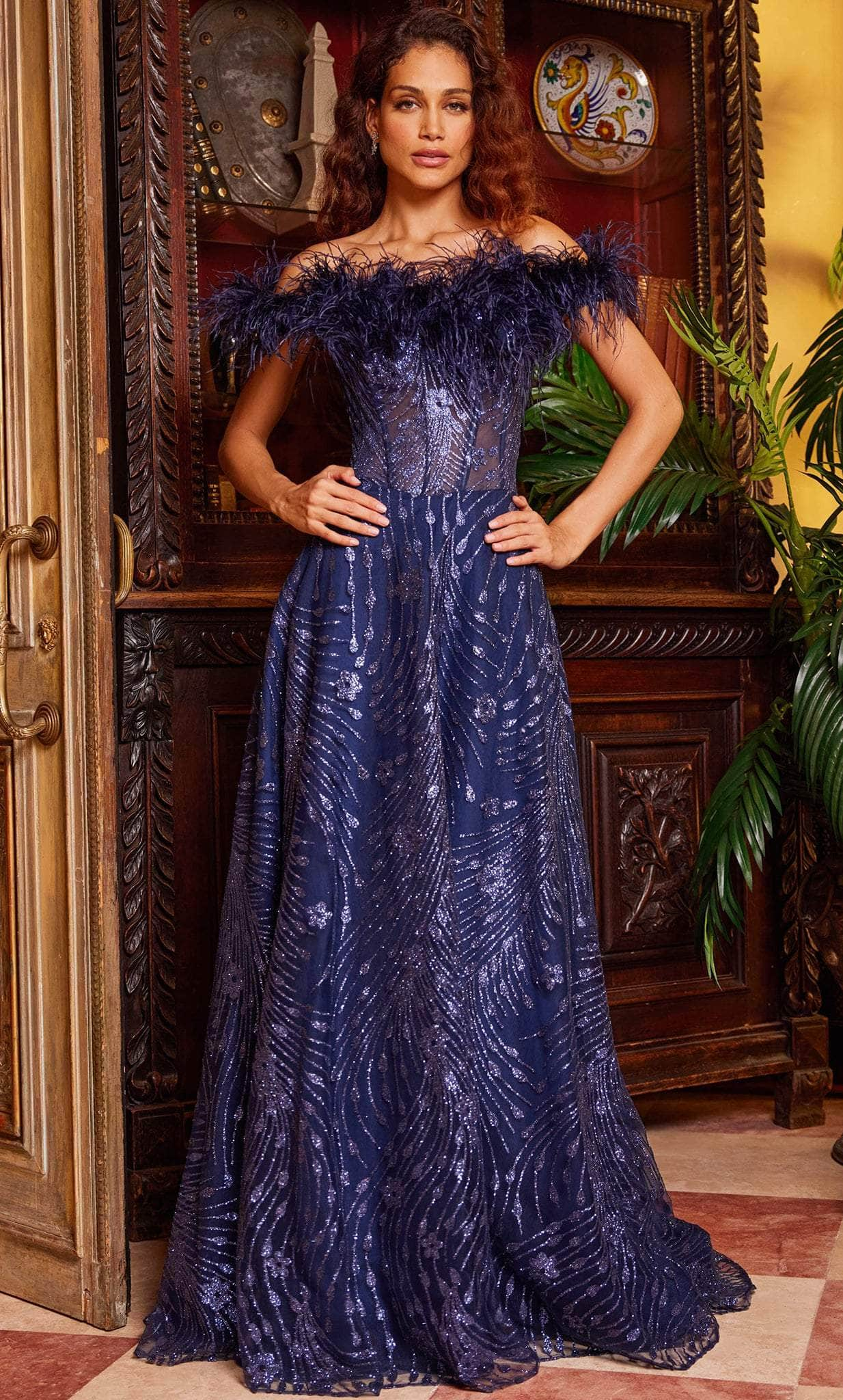 Image of Jovani 23884 - Feather Off-Shoulder Prom Dress