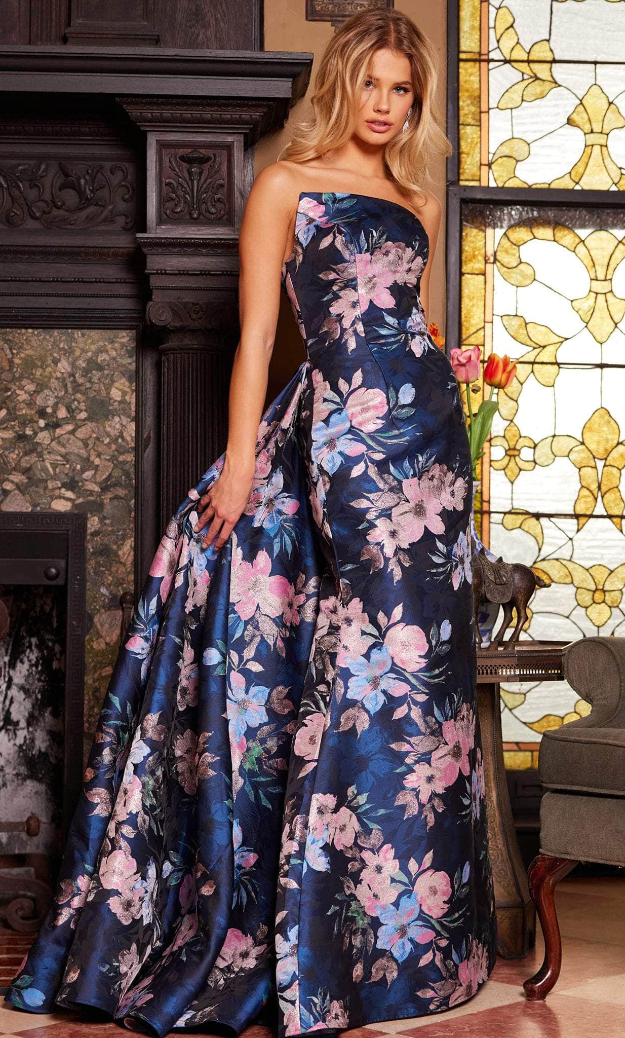 Image of Jovani 23893 - Strapless Floral Print Evening Gown