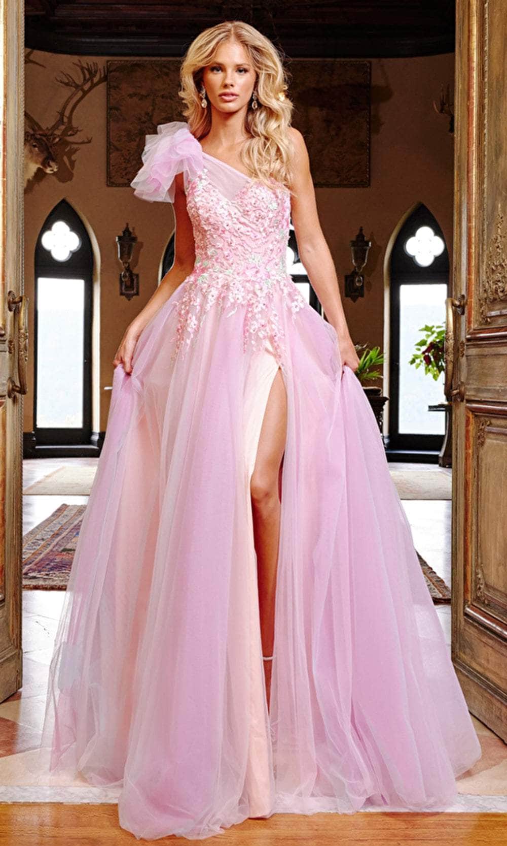 Image of Jovani 23951 - Floral Embroidered Tulle Asymmetric Dress