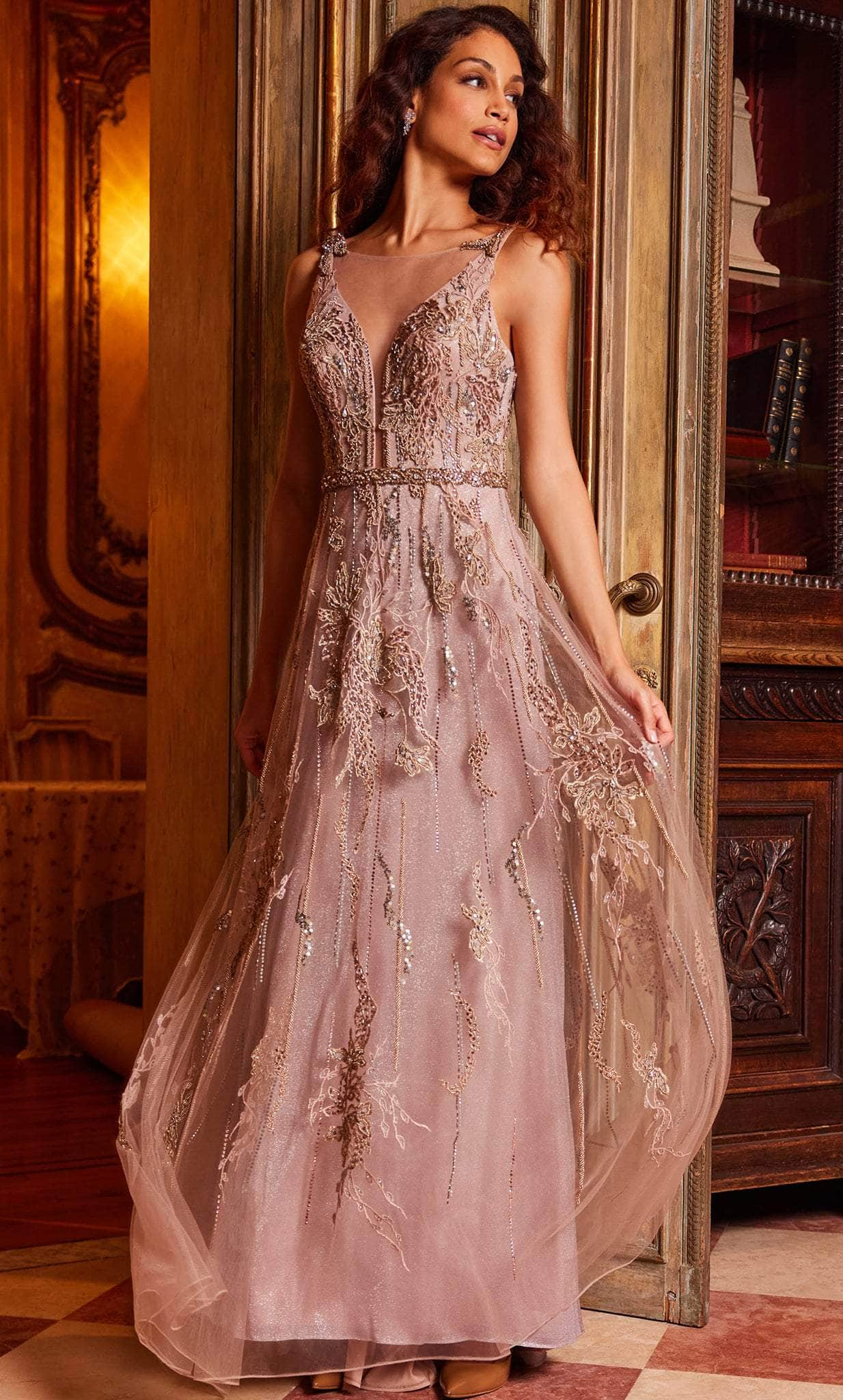 Image of Jovani 24057 - Illusion Bateau Beaded Evening Gown