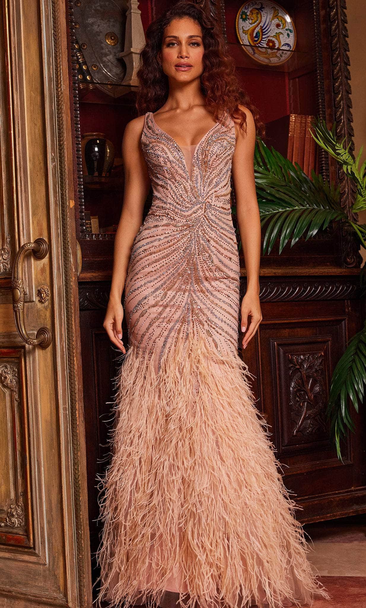 Image of Jovani 24058 - Plunging V-Neck Feathered Evening Gown
