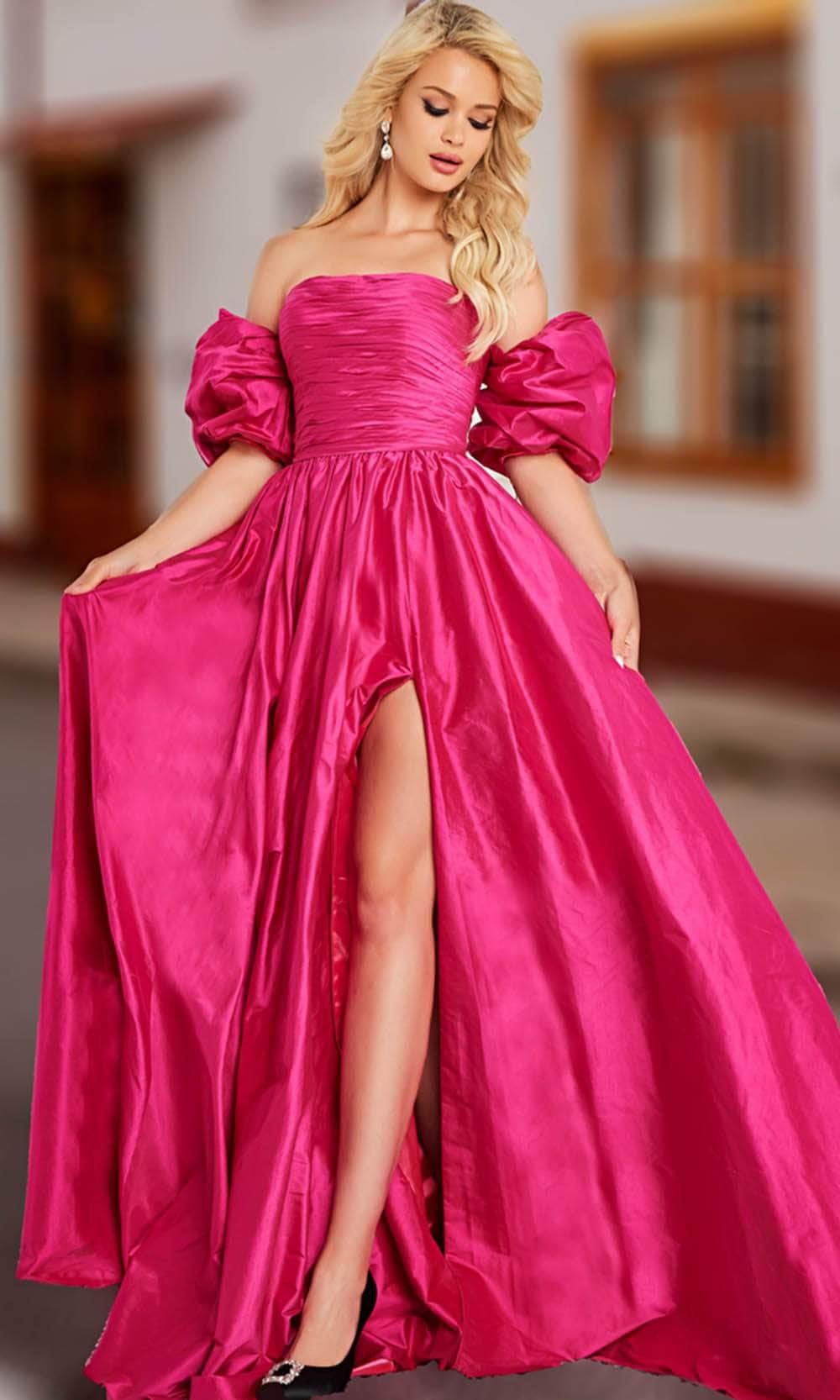 Image of Jovani 24099 - Taffeta Puff Sleeve A-line Gown