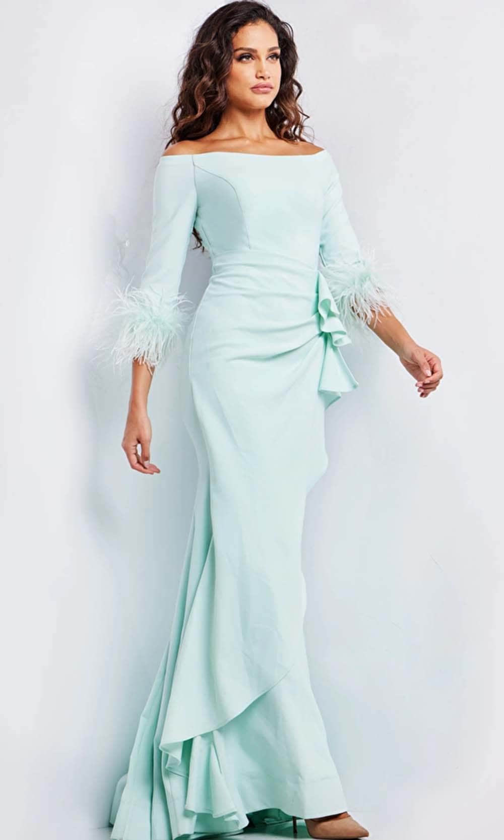 Image of Jovani 24195 - Feather Quarter Sleeve Evening Dress