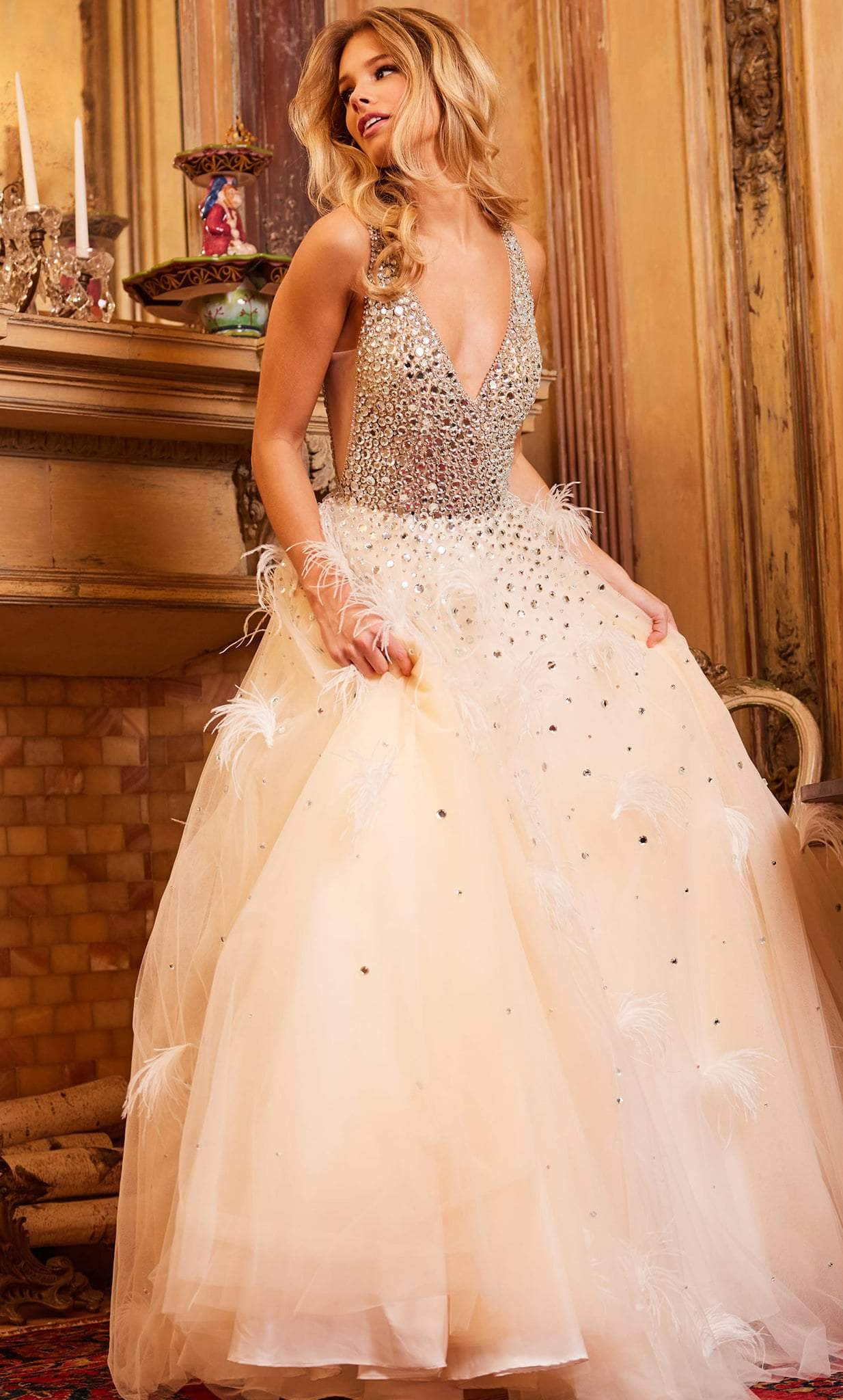 Image of Jovani 24255 - Beaded V-Neck Feather Ballgown