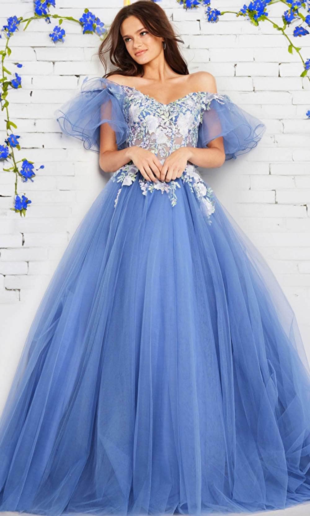 Image of Jovani 24575 - Tulle Butterfly Sleeves Floral Ballgown