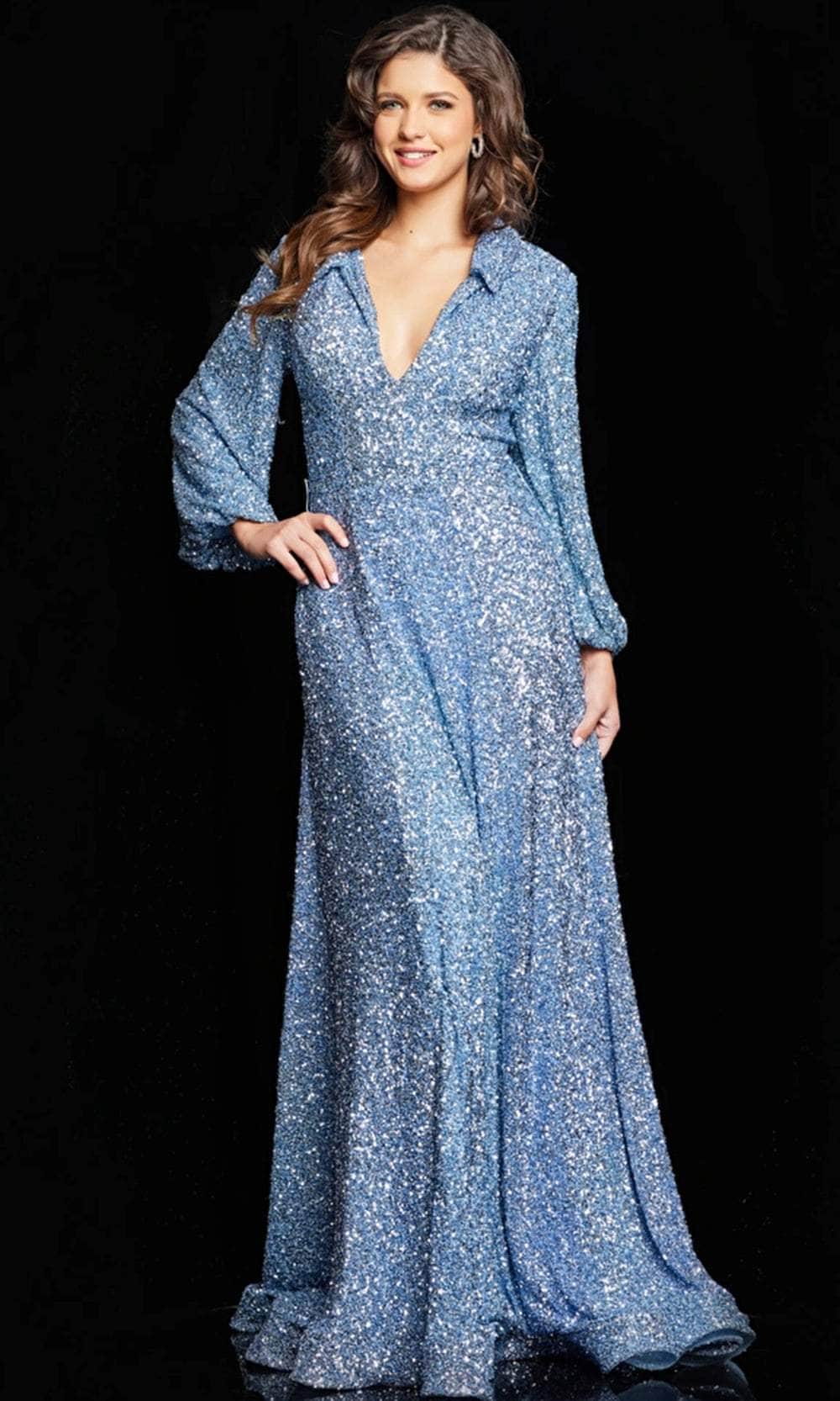 Image of Jovani 25950 - Glitter Bishop Sleeve Evening Dress