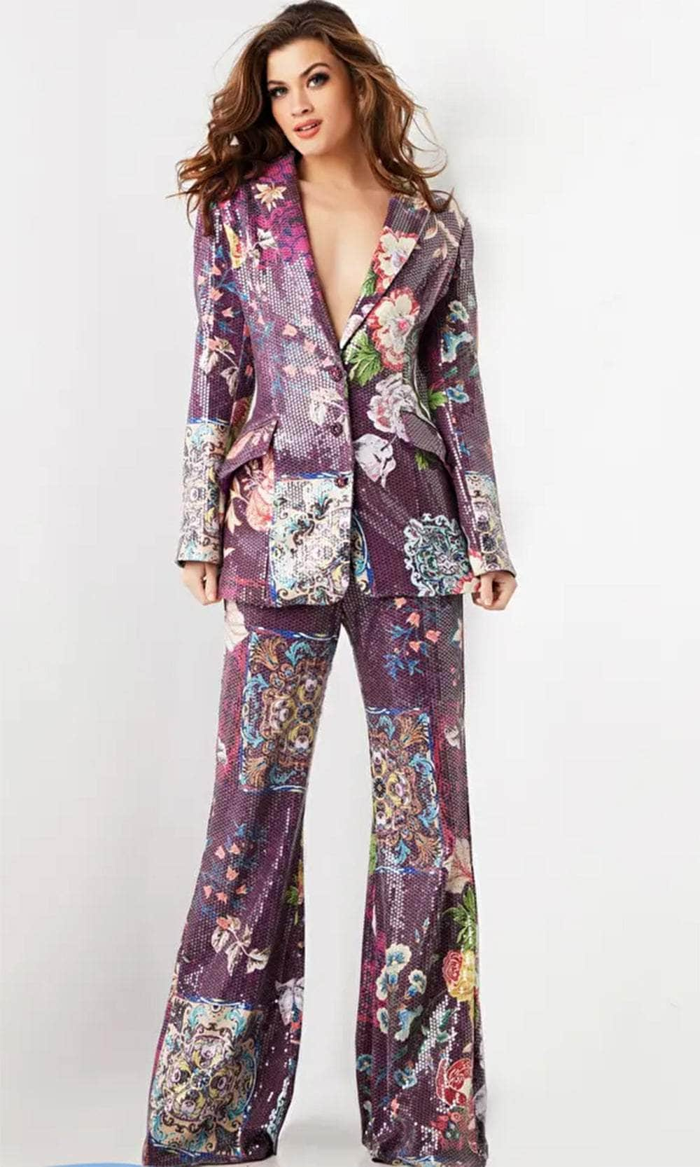 Image of Jovani 26034 - Sequin Embellished Deep V-Neck Pantsuit