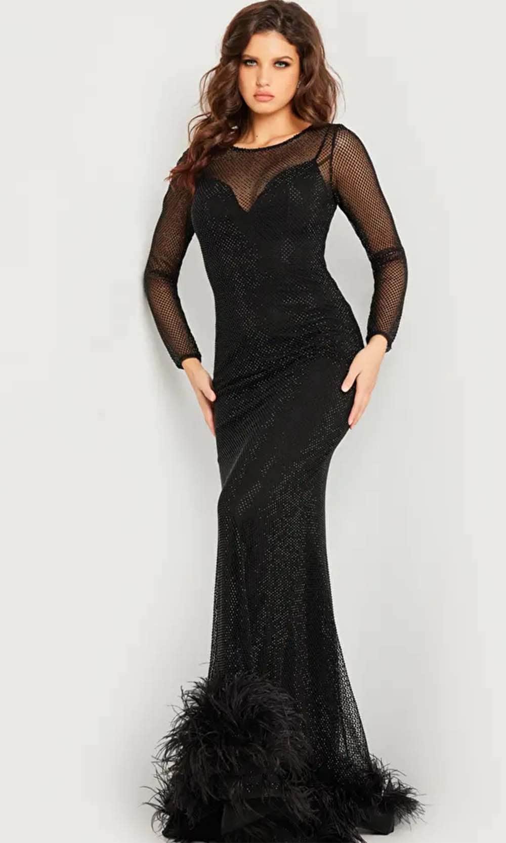 Image of Jovani 26047 - Feather Detailed Long Sleeve Evening Dress