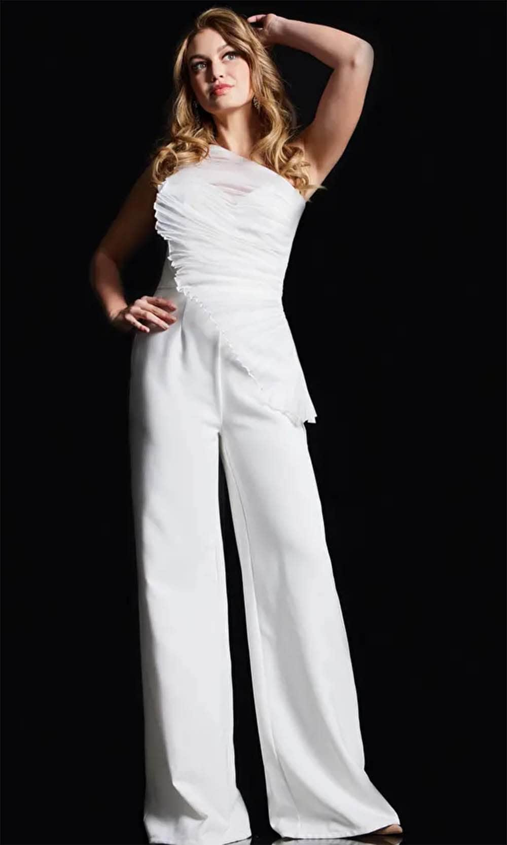 Image of Jovani 26171 - Ruched Detailed One-Shoulder Jumpsuit