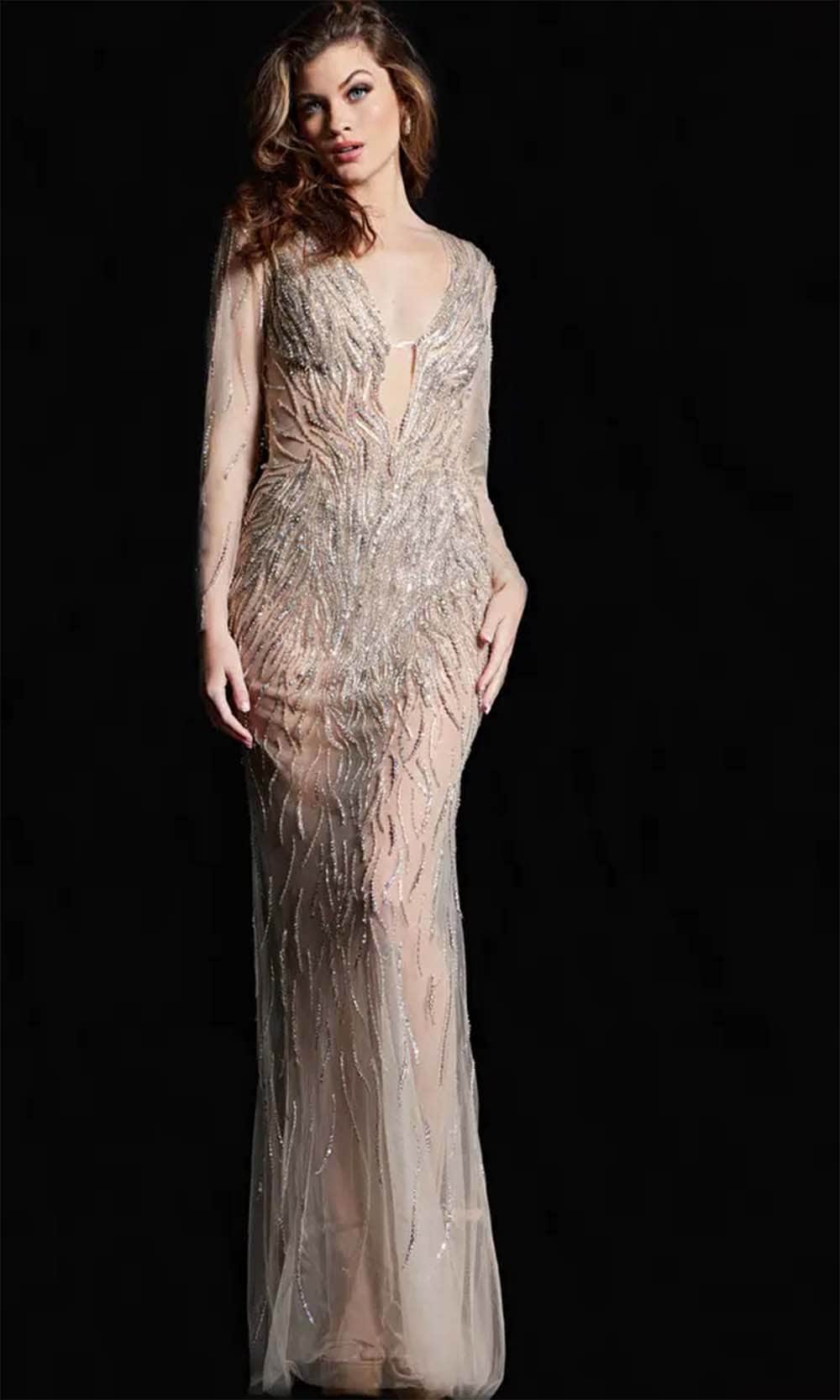 Image of Jovani 26275 - Long Sleeve Plunging Neck Evening Dress