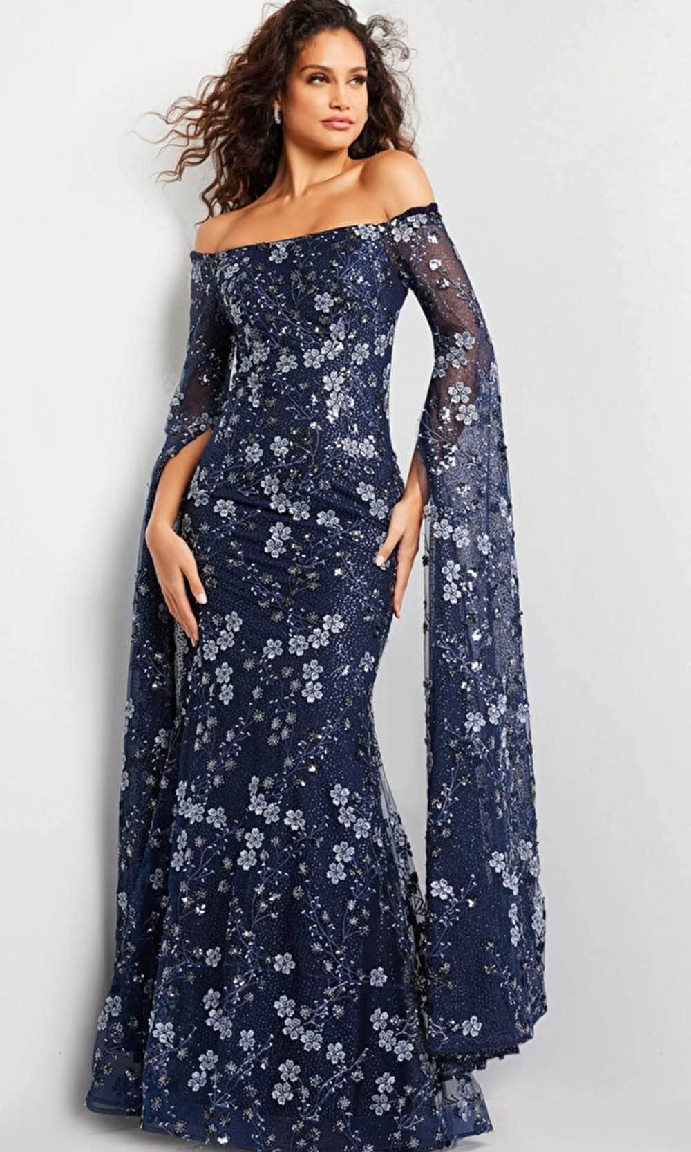 Image of Jovani 26330 - Floral Embroidered Cape Long Gown