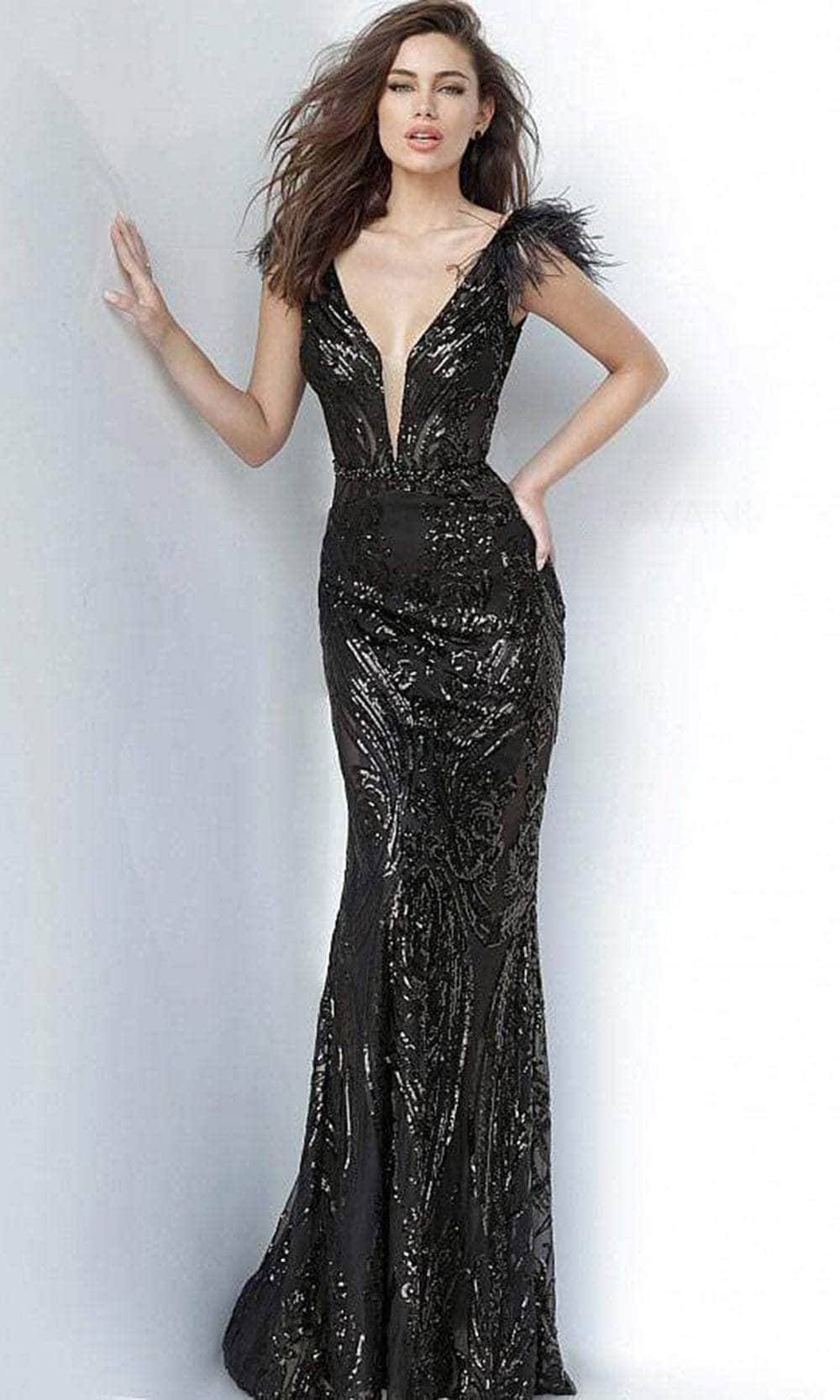 Image of Jovani - 3180 Feathered Cap Sleeve Patterned Sequin Gown