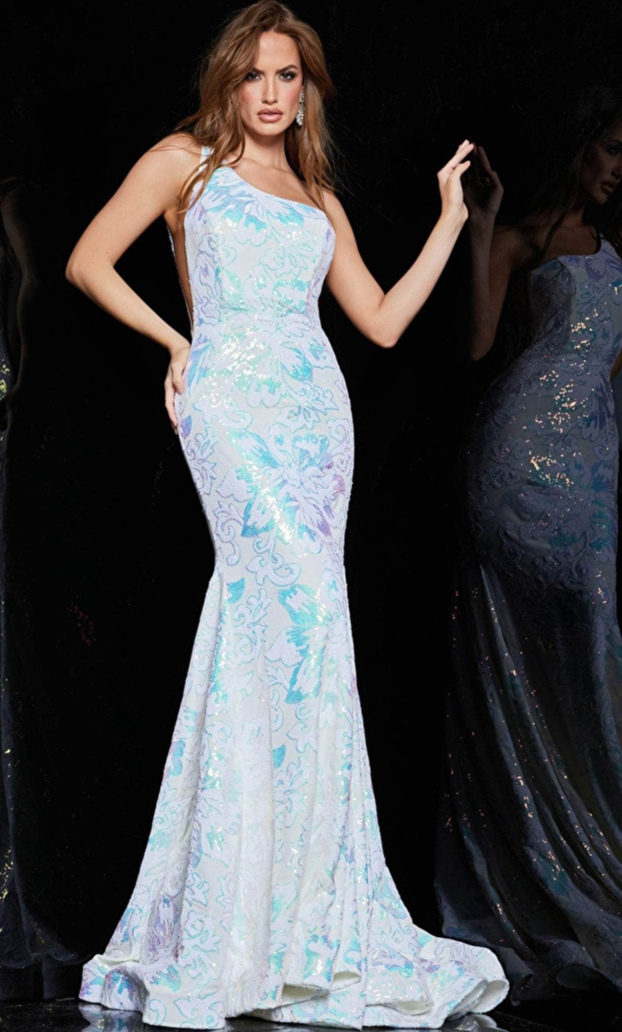 Image of Jovani 32580 - Sequined Asymmetric Mermaid Gown