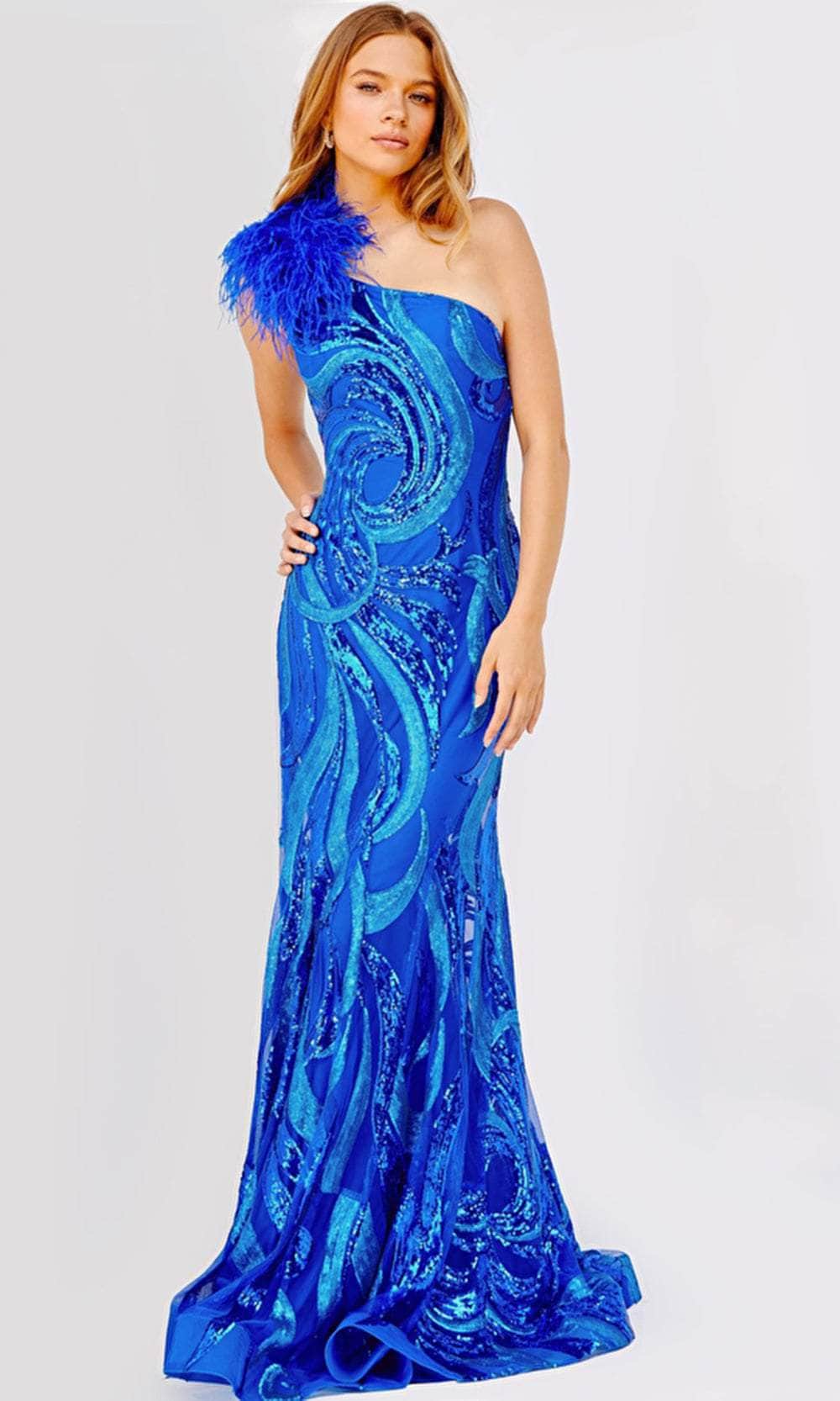Image of Jovani 32596 - Feather Shoulder Sequined Dress