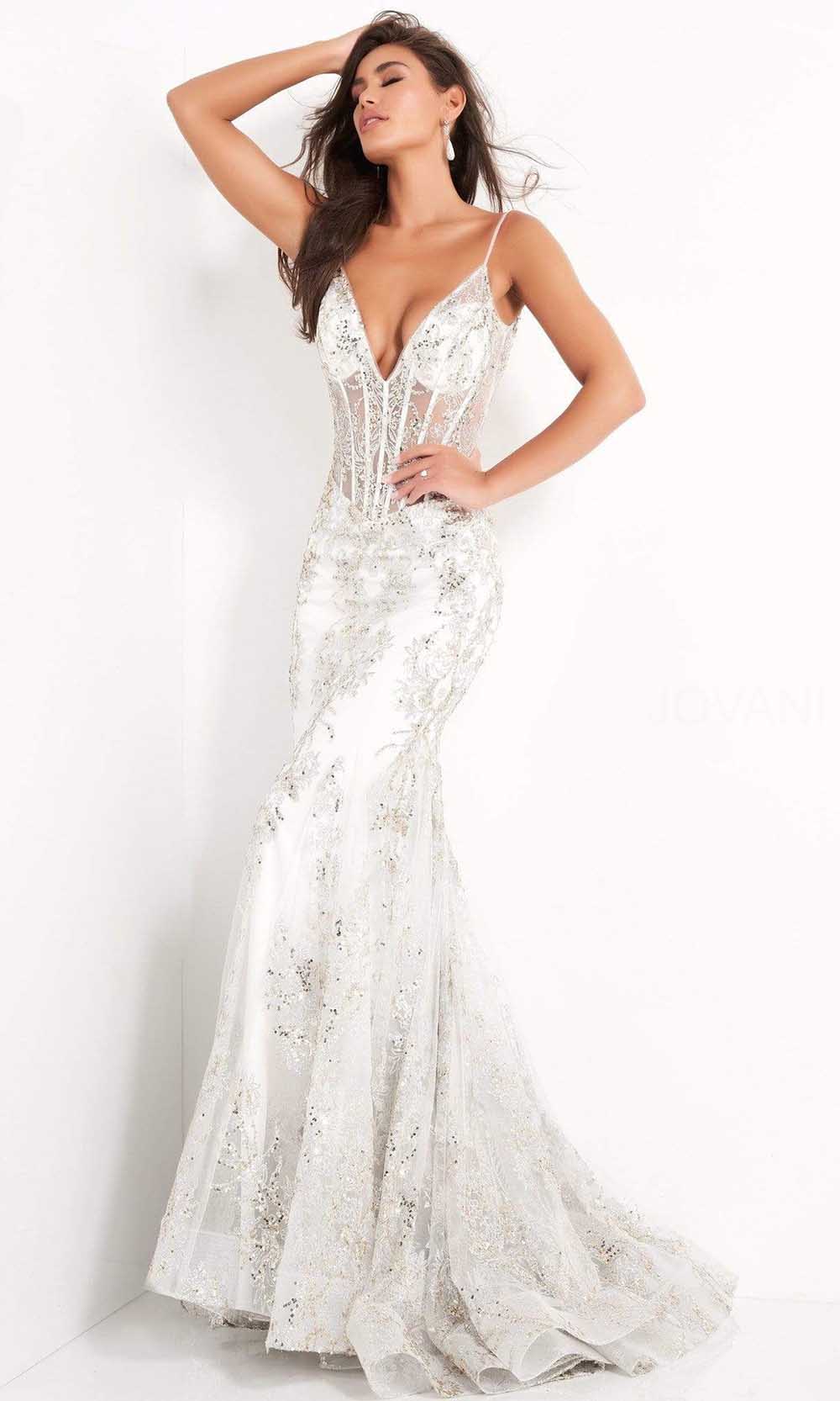 Image of Jovani - 3675 Sheer Corset Bodice Sequin Mermaid Gown