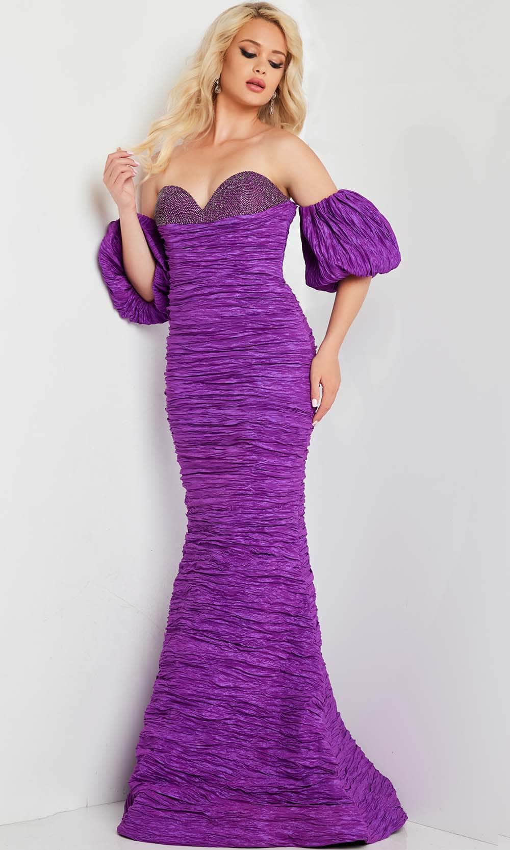 Image of Jovani 37072 - Puff Sleeve Mermaid Evening Dress