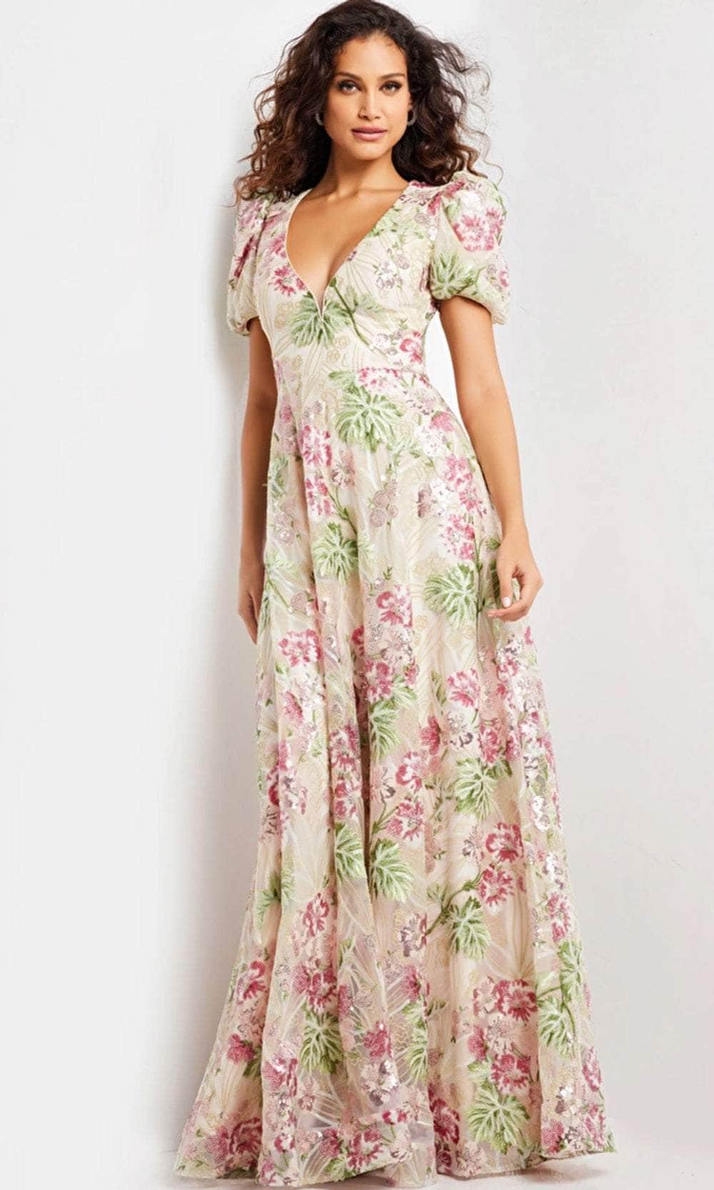 Image of Jovani 37636 - Plunging Floral Sheath Long Dress