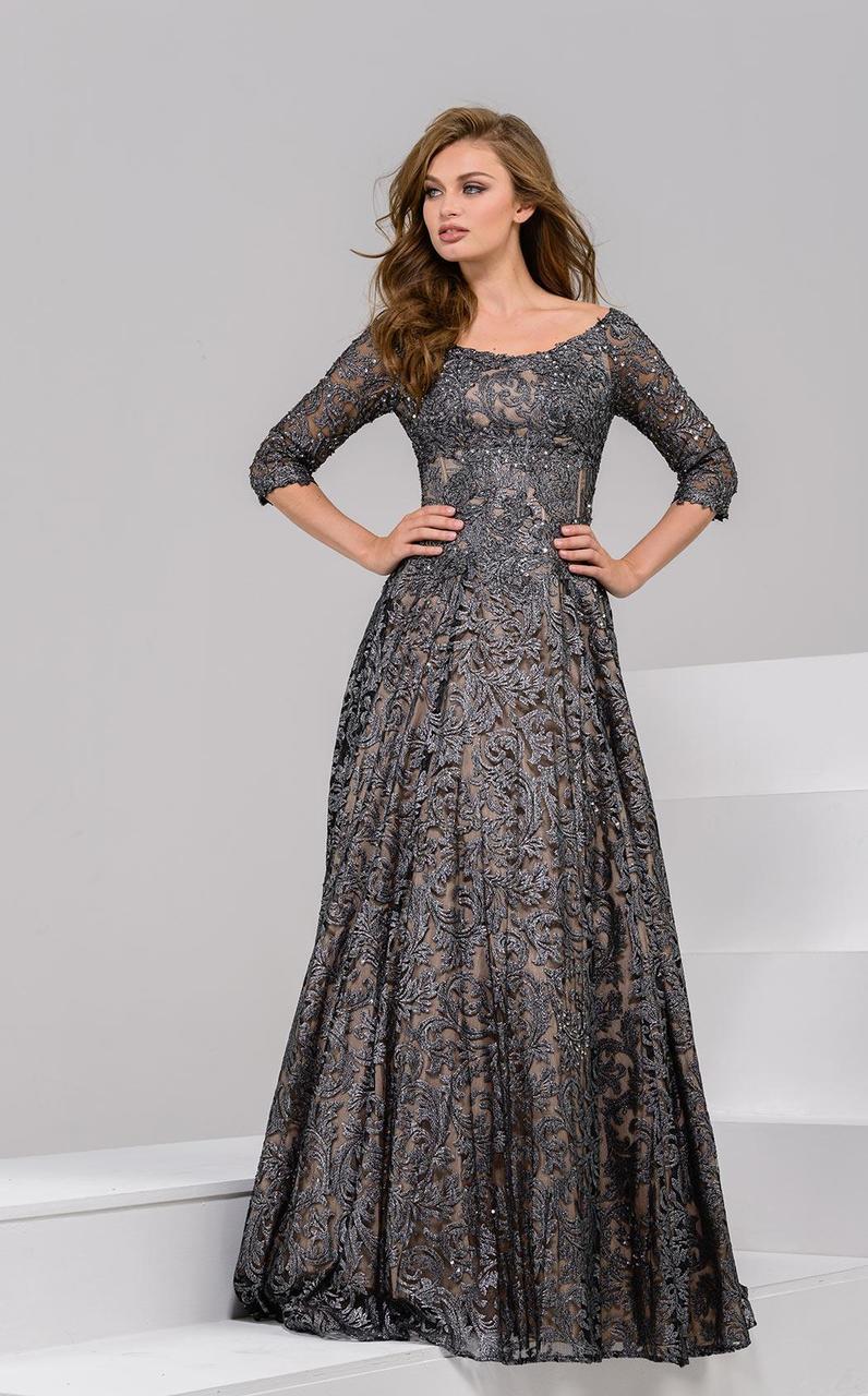Image of Jovani - 37938 Scoop Quarter Length Sleeves A Line Gown