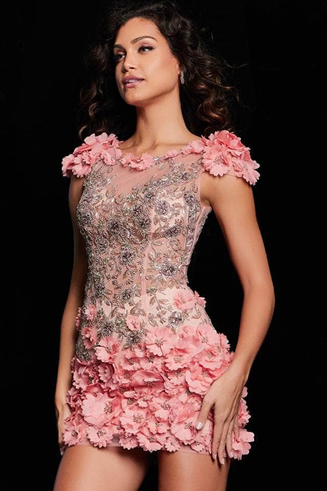 Image of Jovani 38510 - 3D Floral Embellished Cap Sleeve Cocktail Dress