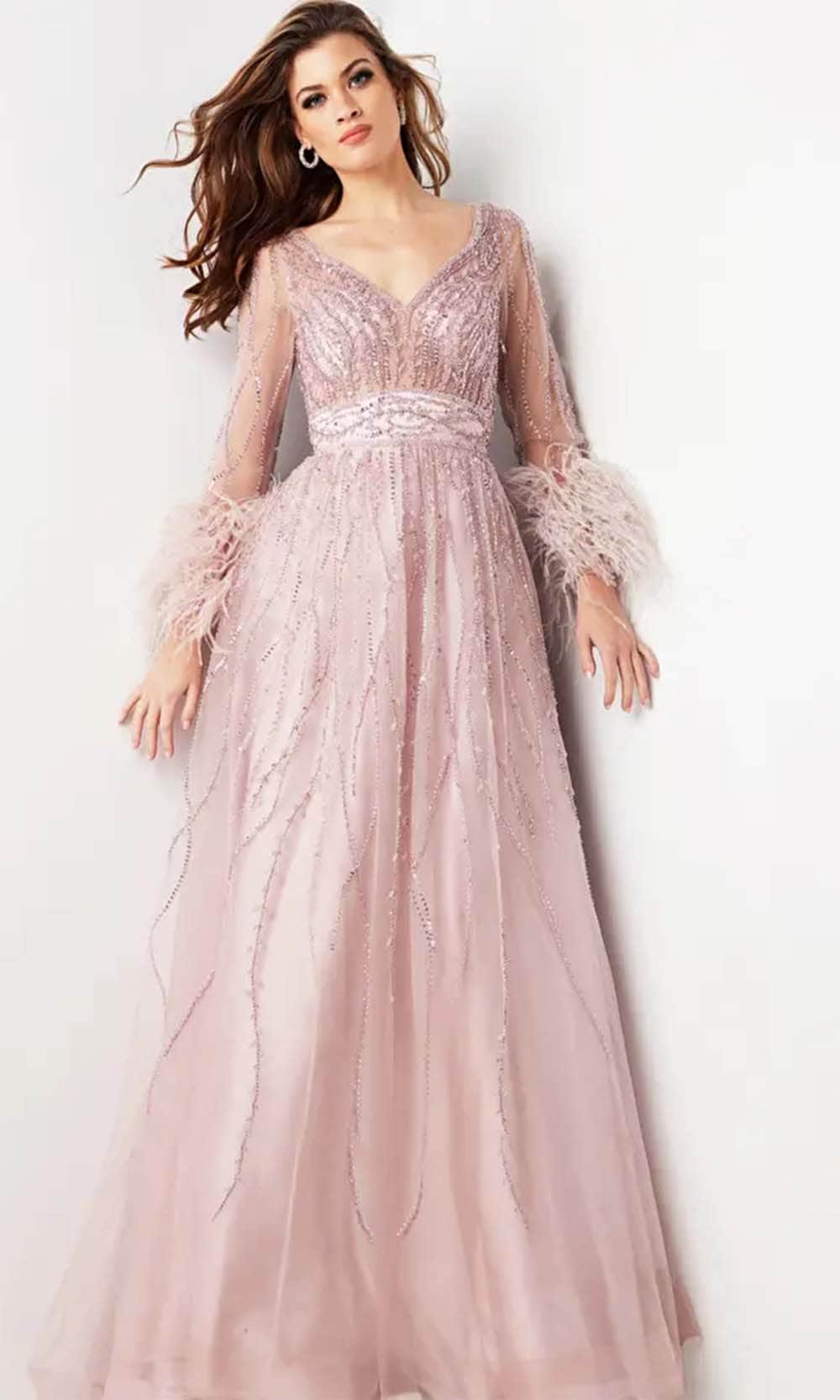 Image of Jovani 38583 - Feather Embellished Long Sleeve Prom Dress