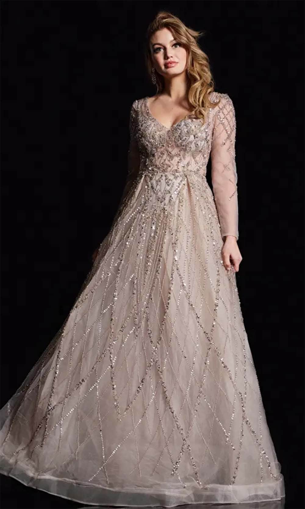 Image of Jovani 38589 - Sheer Long Sleeve Beaded Prom Gown