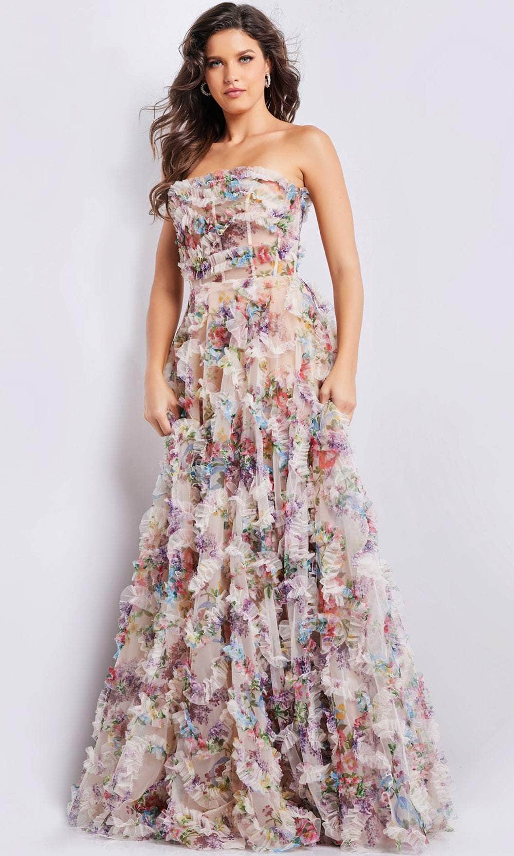 Image of Jovani 38650 - Floral Print Ruffled A-line Gown