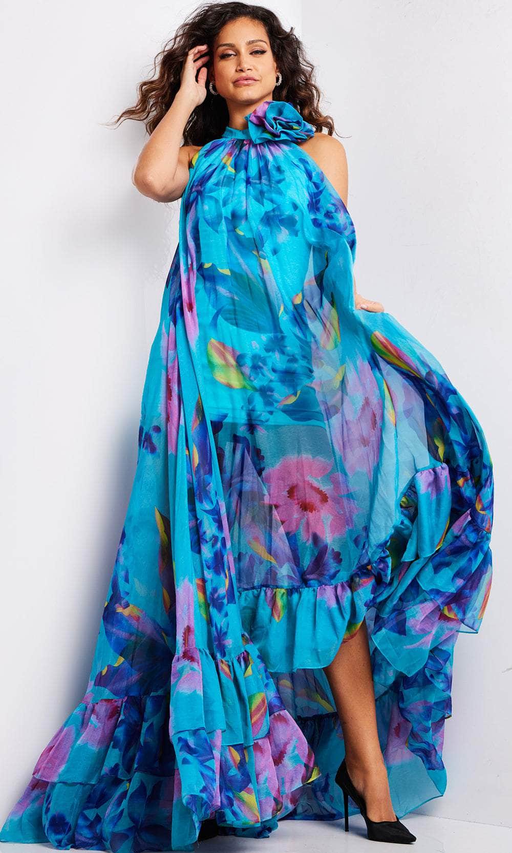 Image of Jovani 38721 - Floral Print Jewel Neck Dress