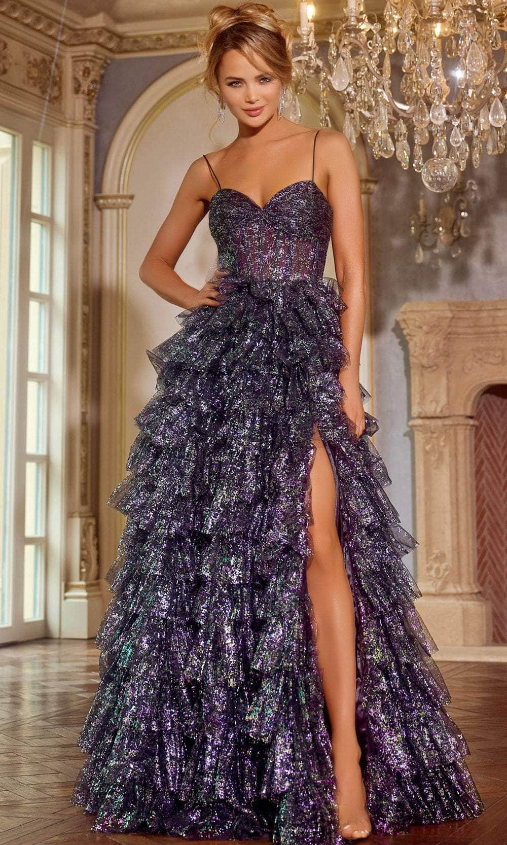 Image of Jovani 39305 - Spaghetti Straps Ruffled Prom Gown