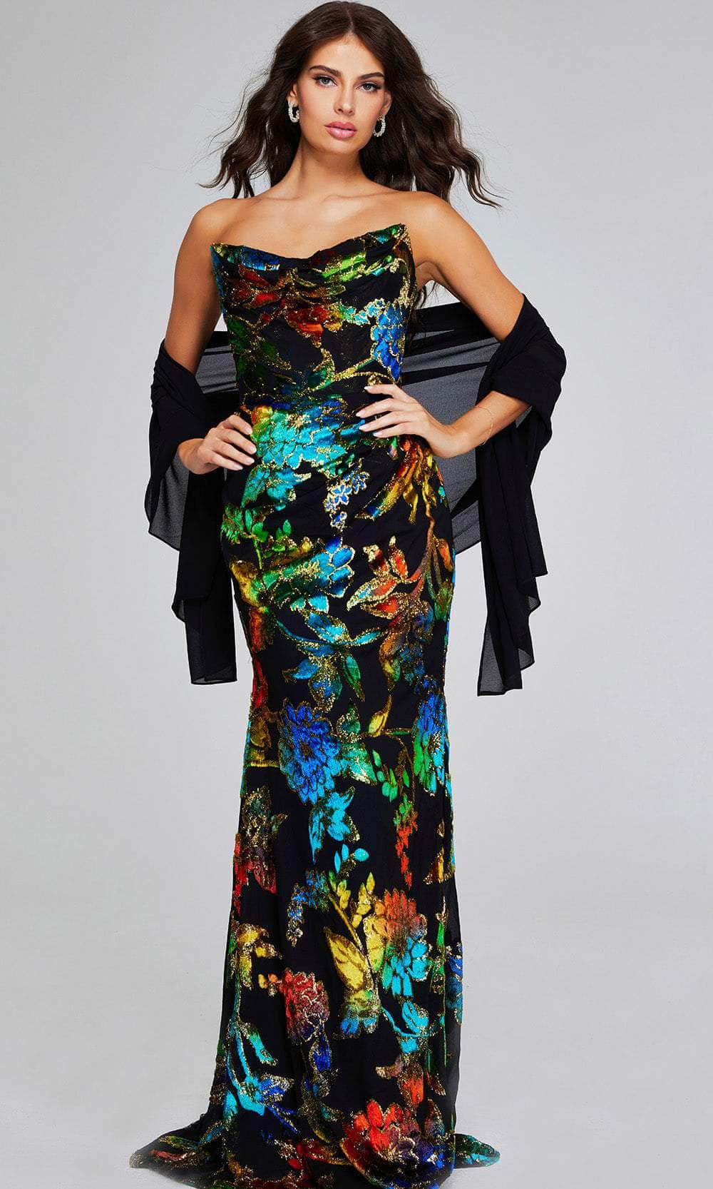 Image of Jovani 42164 - Strapless Floral Pattern Prom Gown