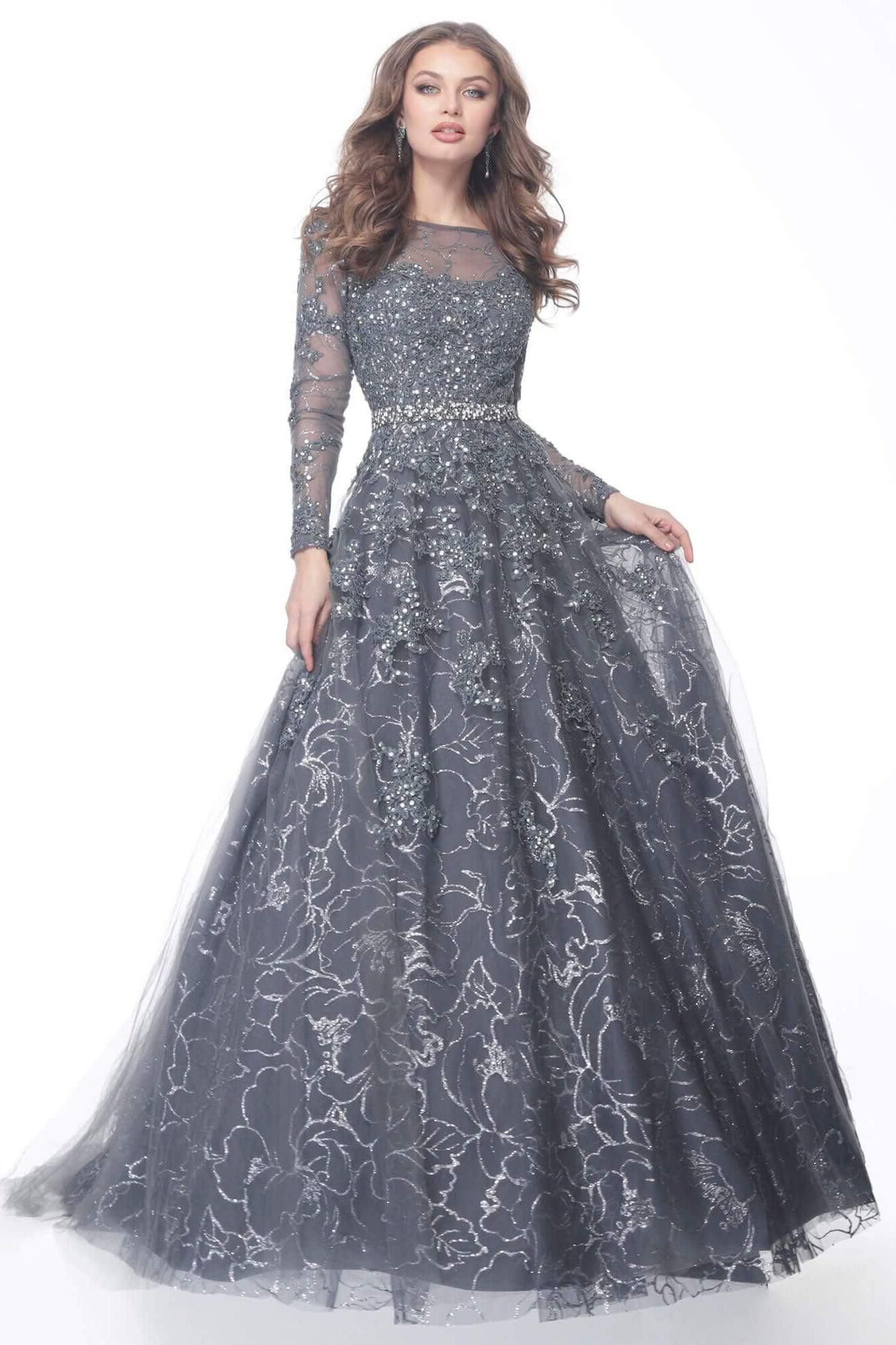 Image of Jovani - 51838 Embroidered Long Sleeve Bateau Ballgown