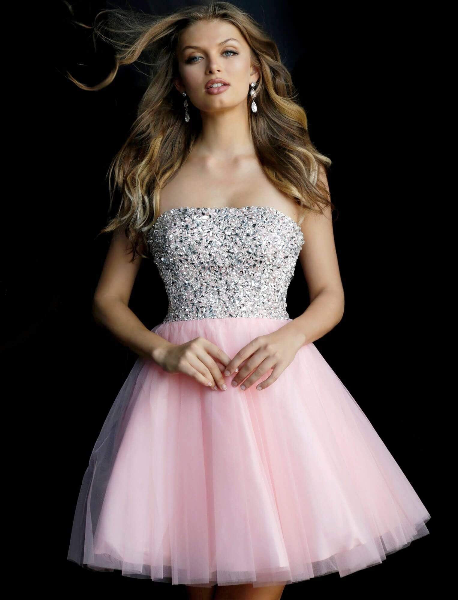 Image of Jovani - 58470 Bead Studded Strapless Top Fit and Flare Cocktail Dress
