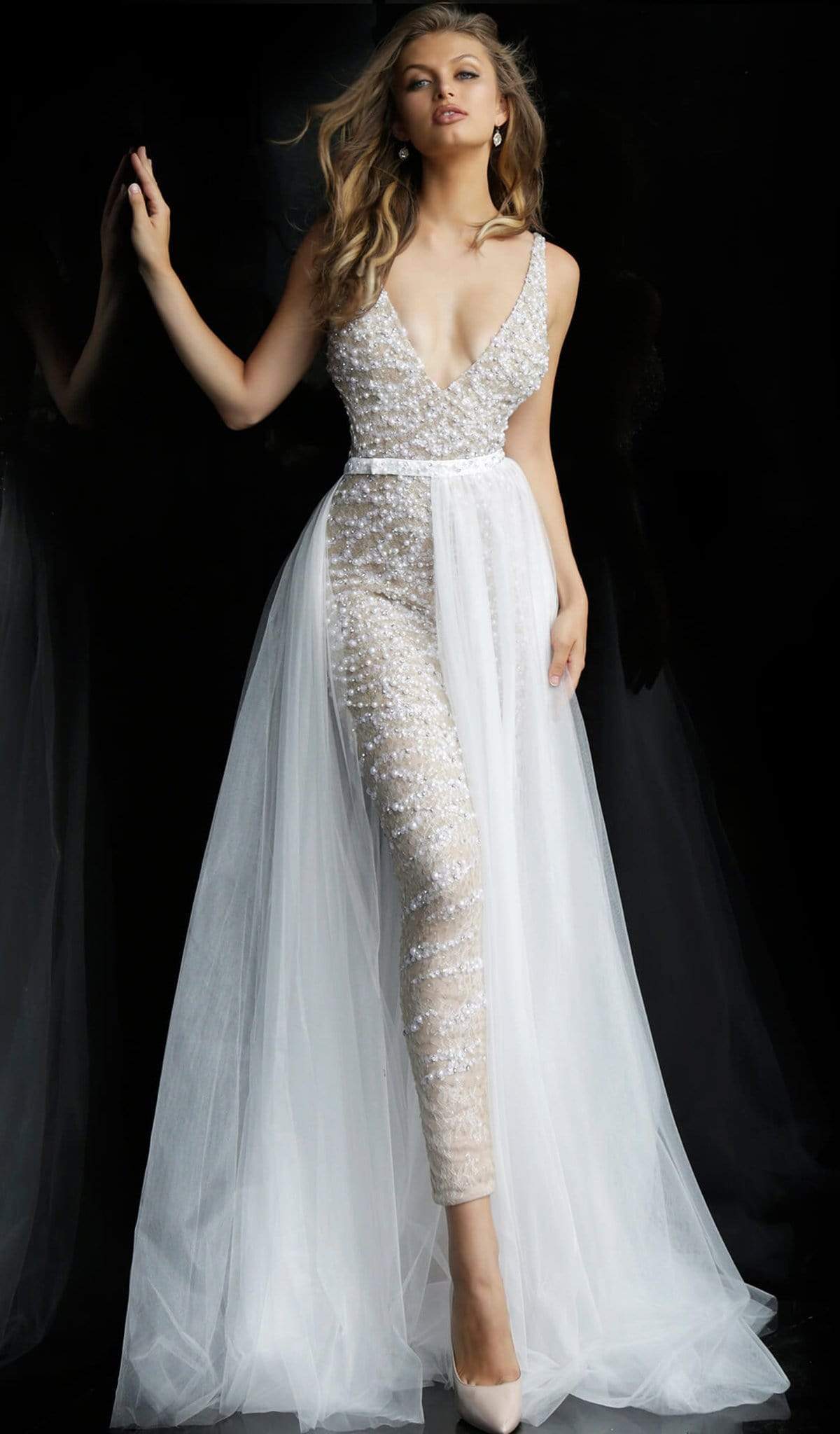 Image of Jovani - 60010 Beaded Deep V-neck Jumpsuit With Tulle Overskirt
