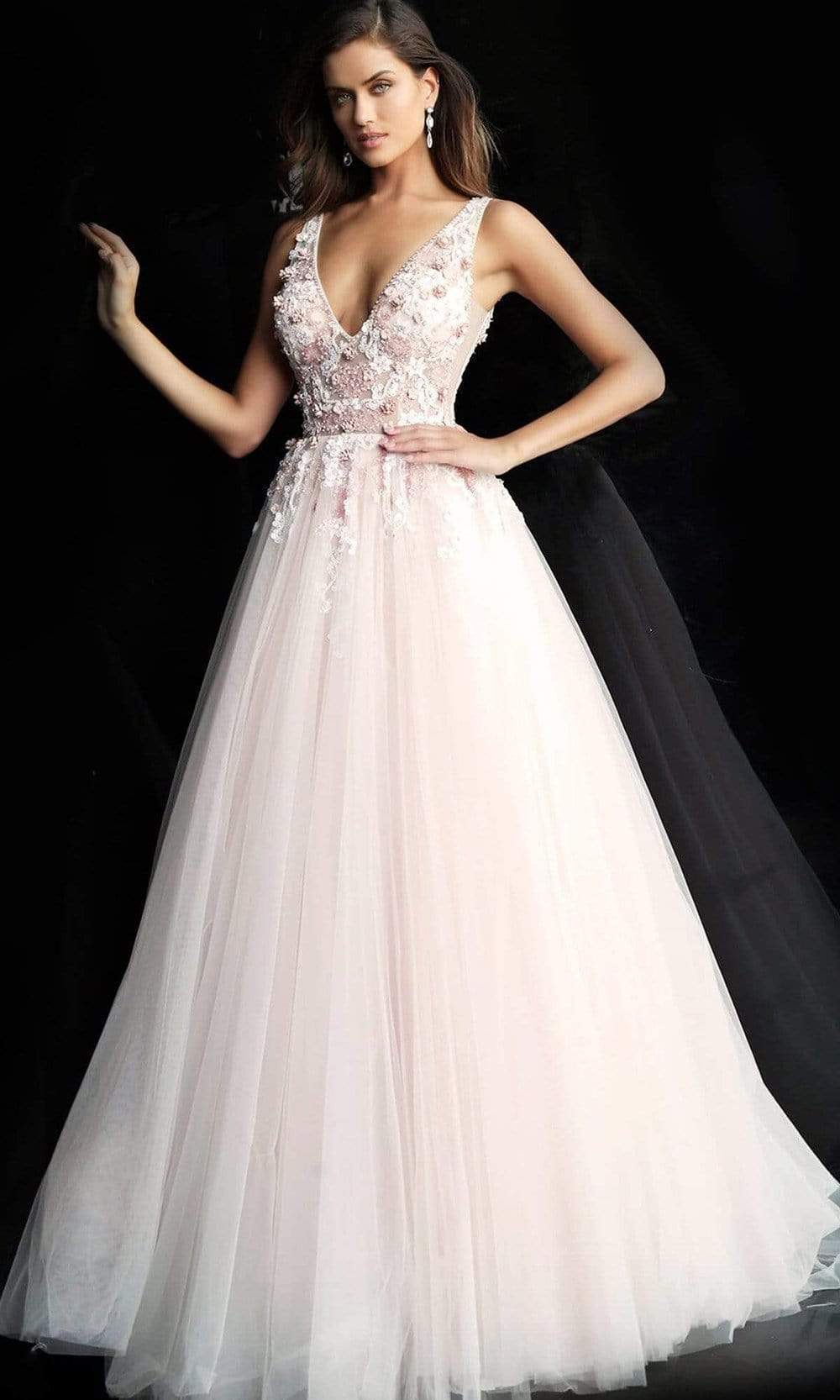 Image of Jovani - 61109 Floral Applique Plunging V-neck Tulle Plus Size Prom Ballgown