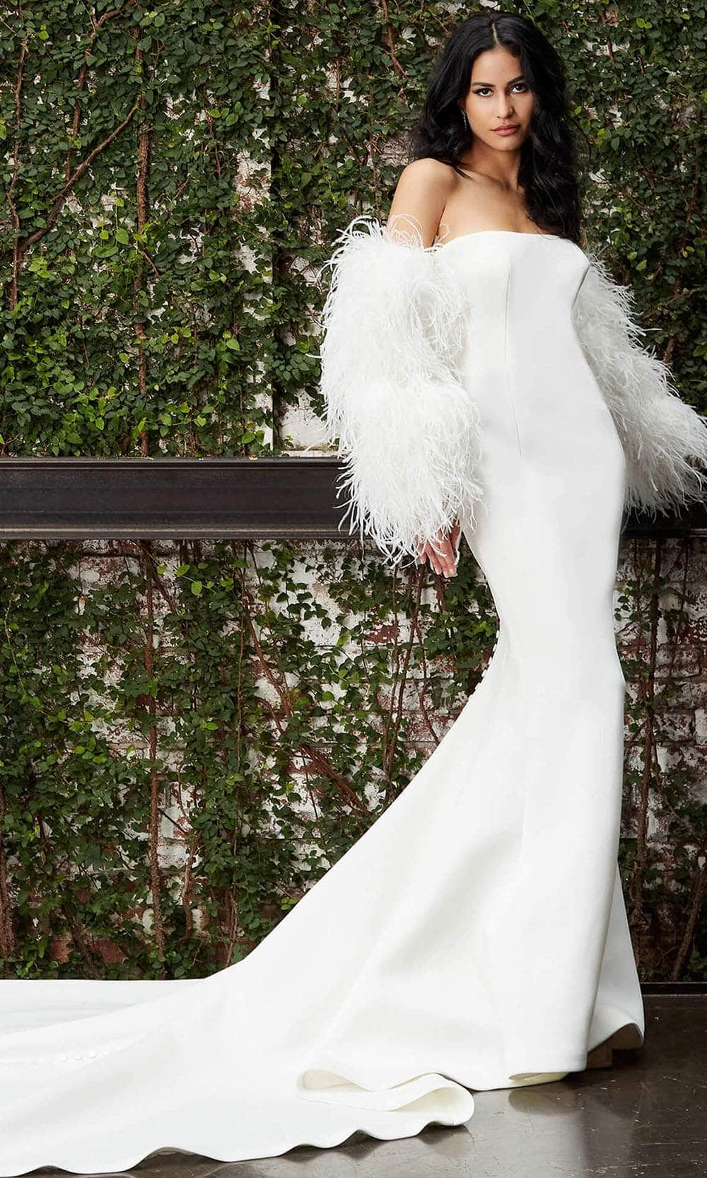 Image of Jovani Bridal JB07651 - Feathered Sleeve Scuba Bridal Gown