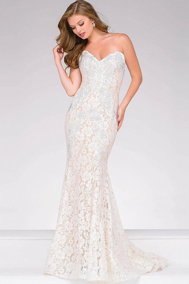 Image of Jovani - Crystal Embellished Strapless Lace Prom Dress 37334