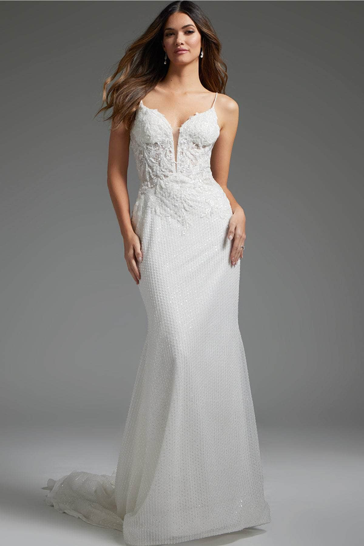 Image of Jovani JB40639 - Beaded Appliqued Plunging Bridal Gown