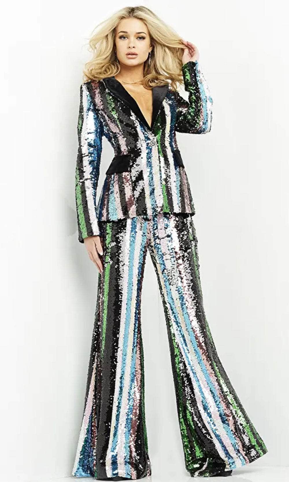 Image of Jovani M02942 - Long Sleeve Blazer Sequin Pantsuit