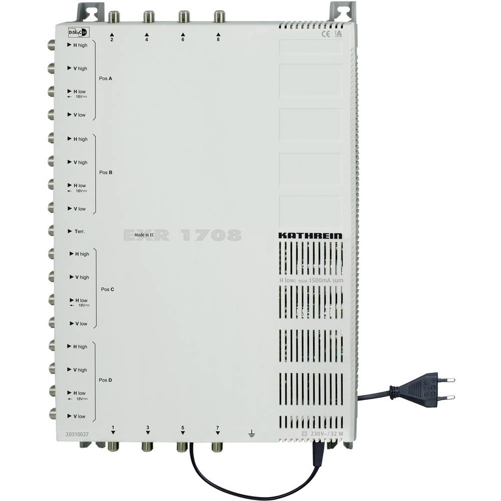 Image of Kathrein EXR 1708 SAT cascade multiswitch Inputs (multiswitches): 17 (16 SAT/1 terrestrial) No of participants: 8