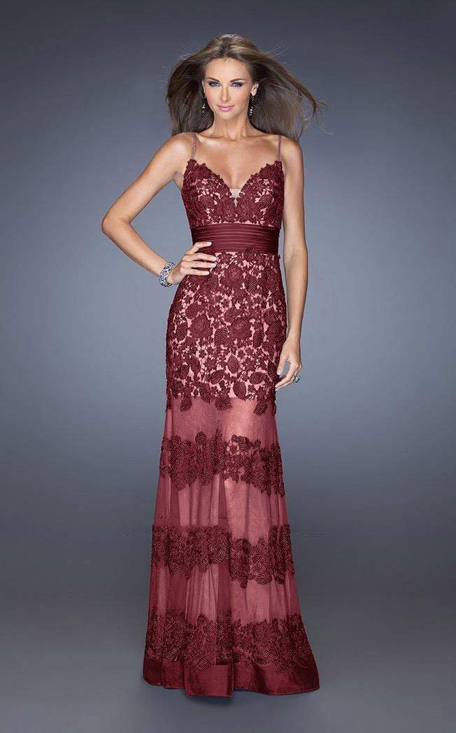 Image of La Femme - 20131 Sweetheart Floral Lace Striped Evening Dress