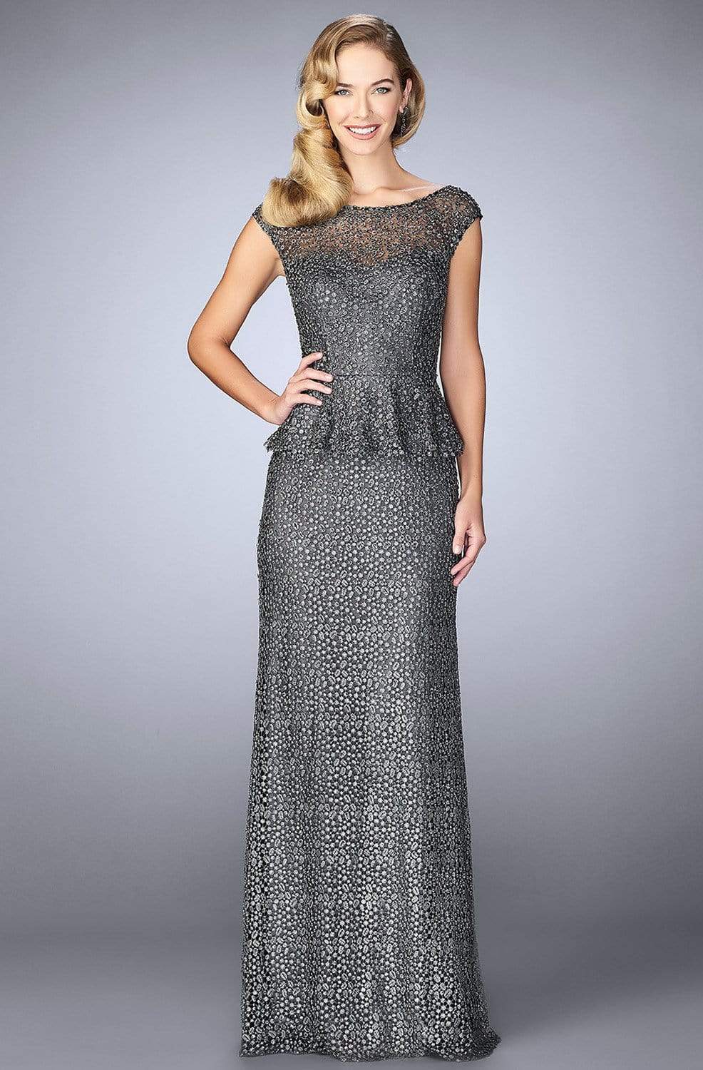 Image of La Femme - 24896 Cap Sleeve Lace Peplum Gown