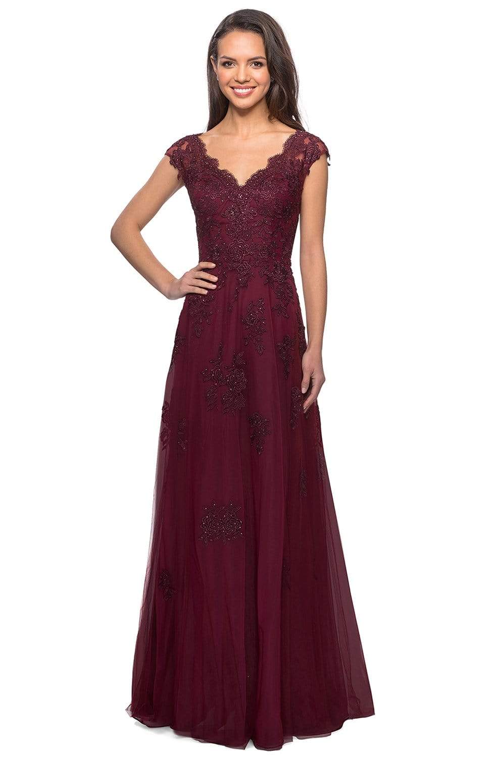 Image of La Femme - 26942 V-Neck Floral Lace Mother of the Groom Tulle Gown