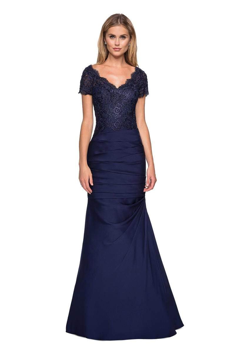 Image of La Femme - 26979 Short Sleeve Lace Bodice Pleated Trumpet Gown