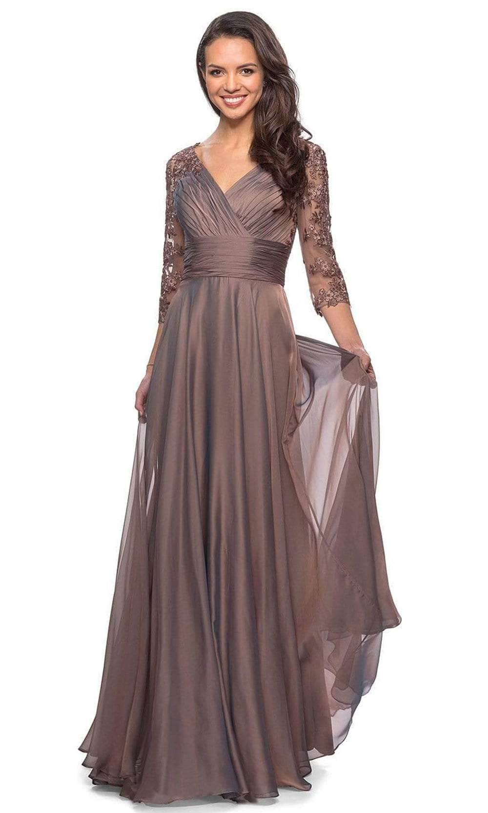 Image of La Femme - 27153 Sheer Lace Quarter Sleeves Empire Waist Chiffon Gown