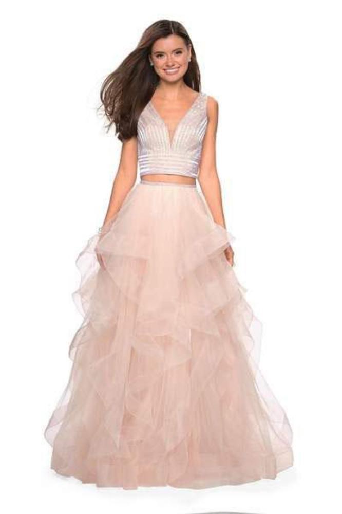 Image of La Femme - 27445 Two-Piece Plunging Beaded Bodice Tiered Gown